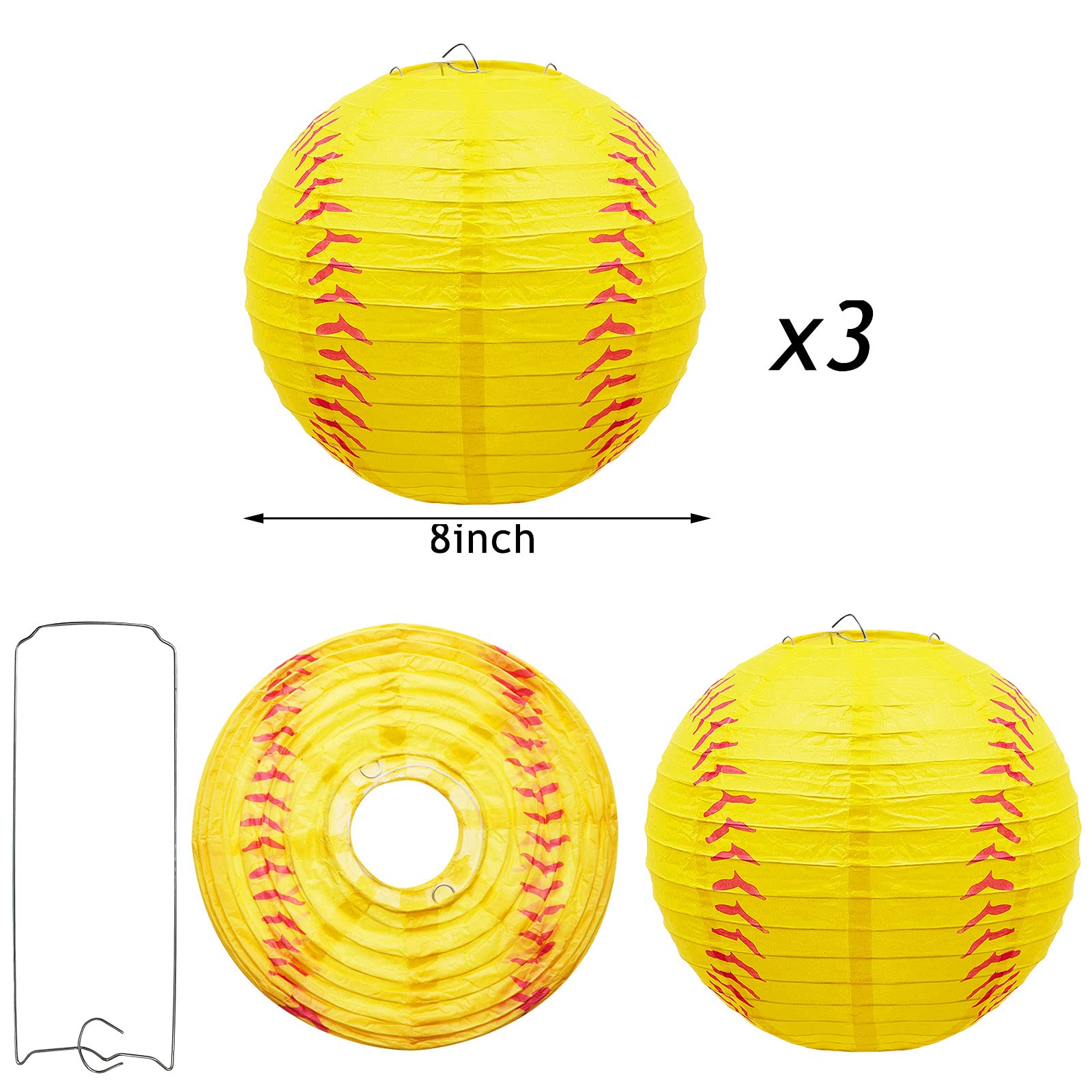 Riakrum Softball Lantern Decorations - 8 Inch Paper Hanging Lanterns - Yellow & Red - Sports Party Decor (Set of 3)