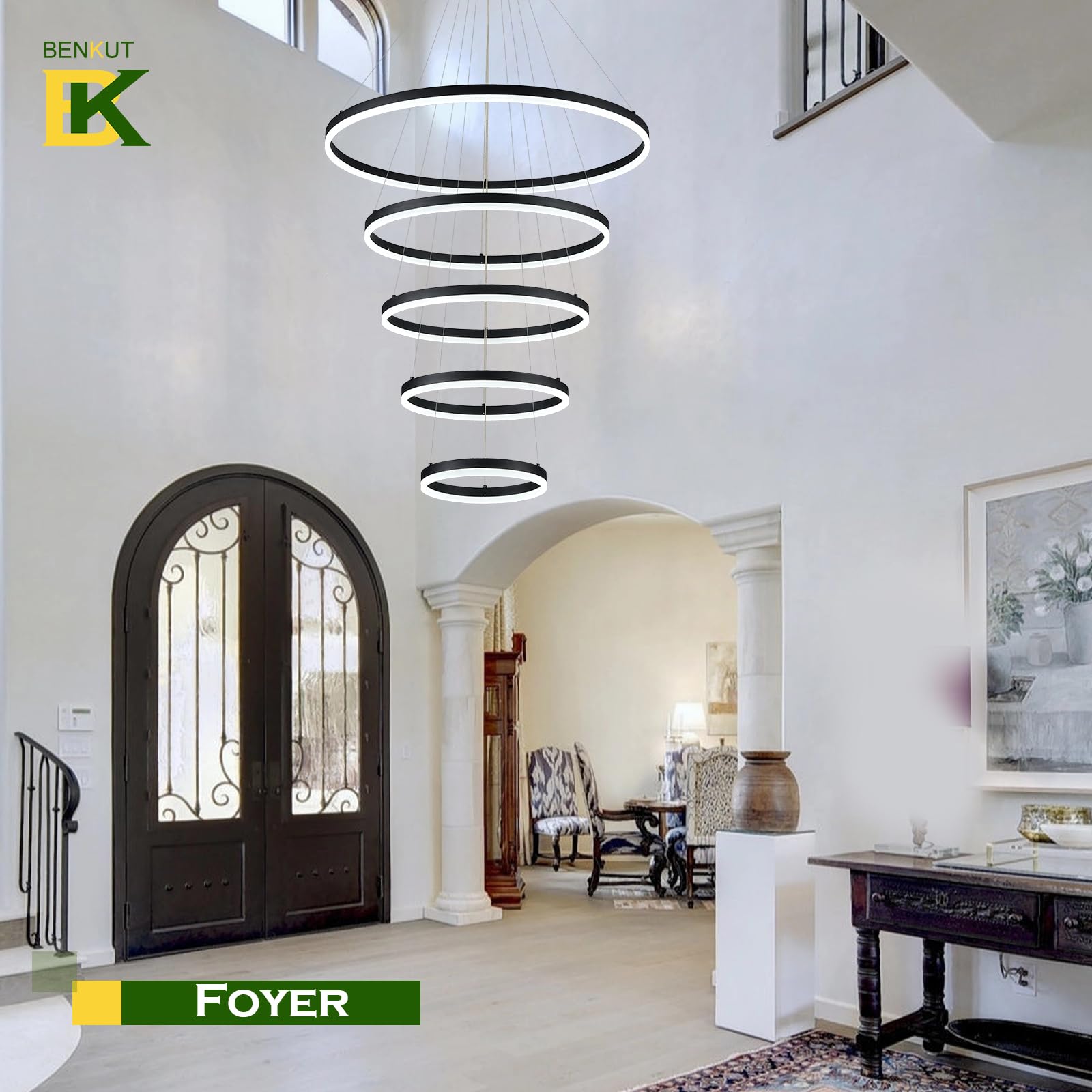 Benkut Modern LED Chandelier Black 5 Ring Dimmable 3000K-6500K Remote Control Model P60-5BDC1