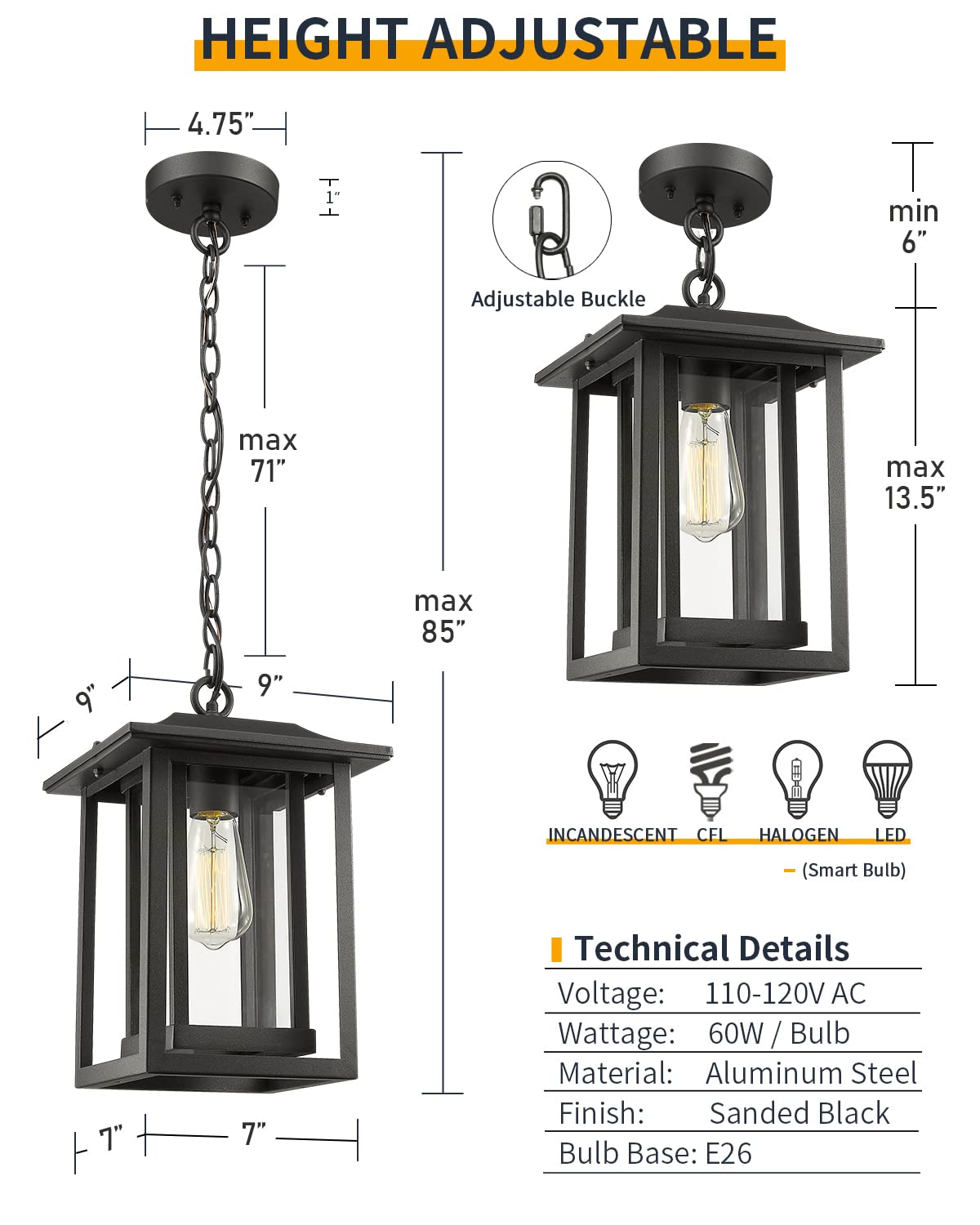 Beionxii Outdoor Pendant Light - Large Black Cast Aluminum Hanging Lantern, Clear Glass, Model A197H-1PK (13.5" x 9")