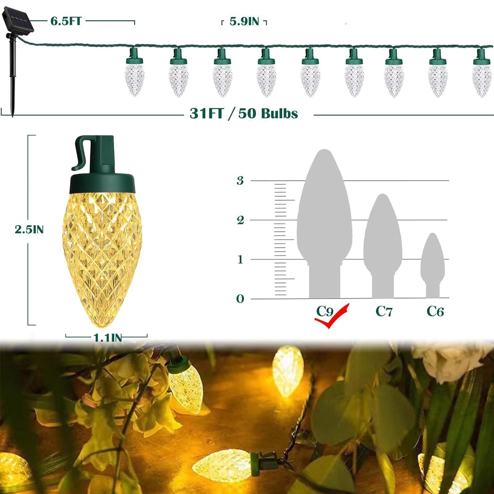 L LAMPOP C9 Solar Powered LED String Lights, 50 Warm White Waterproof Lights, 8 Modes, Green Wire, Perfect for Patio & Party Decor