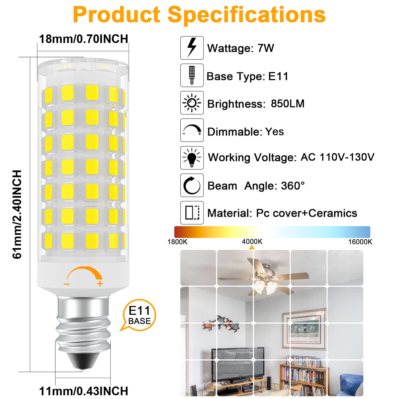 Dumiloo E11 Led Bulb Dimmable, 75 Watt Halogen Equivalent, 7W Natural White 4000K, T4 Mini Candelabra Base, Jde11 120V 75W For C