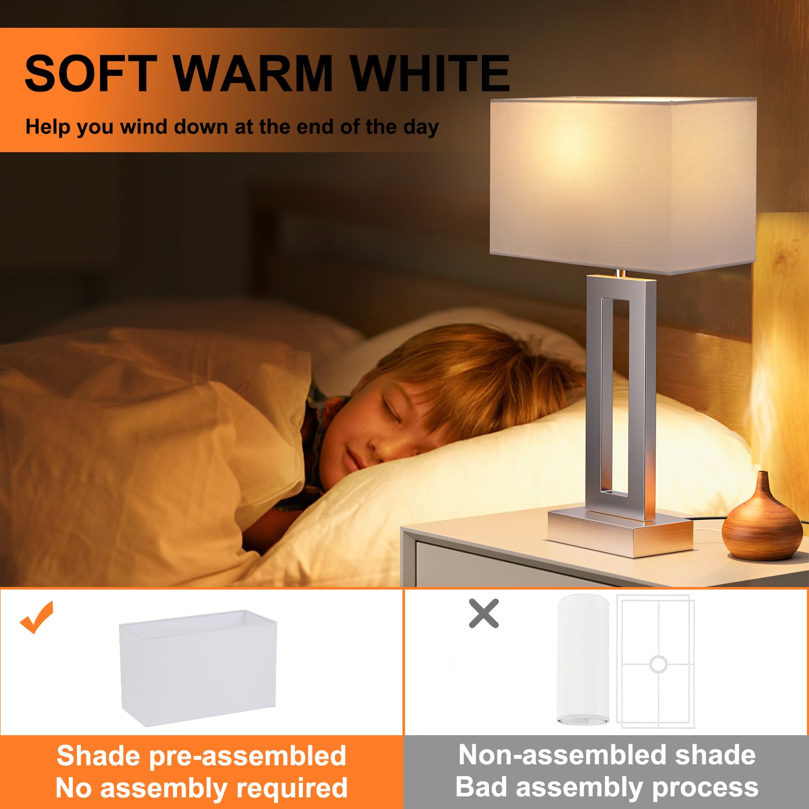 Seealle Nightstand Table Lamps Set of 2 - Touch Control, 3-Way Dimmable, Medium Size, White & Silver, Model 04072