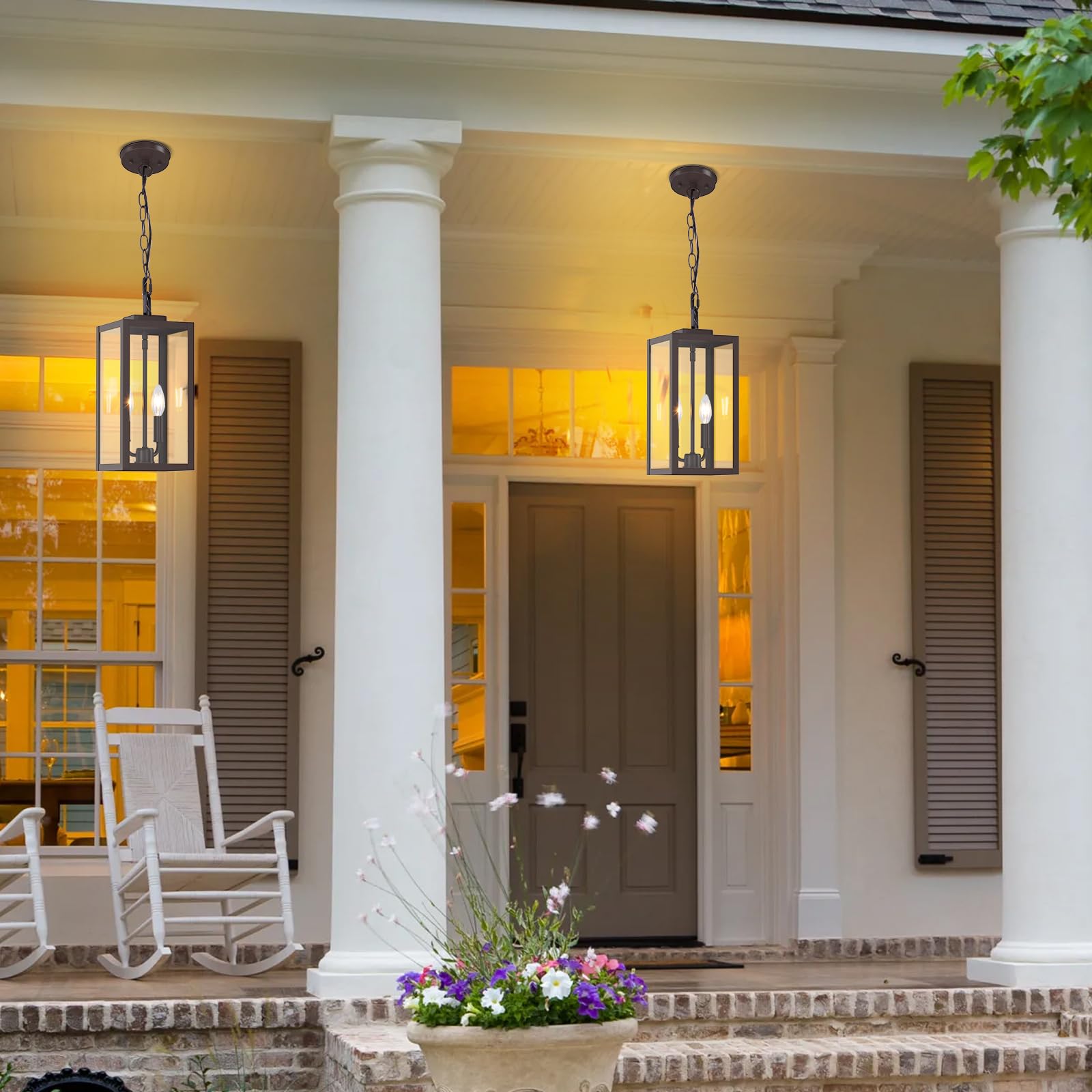 15.3'' Large Outdoor Pendant Light 2-Light, Dusk To Dawn Modern Brown Metal Outside Chandelier Exterior Hanging Fixture Ceiling