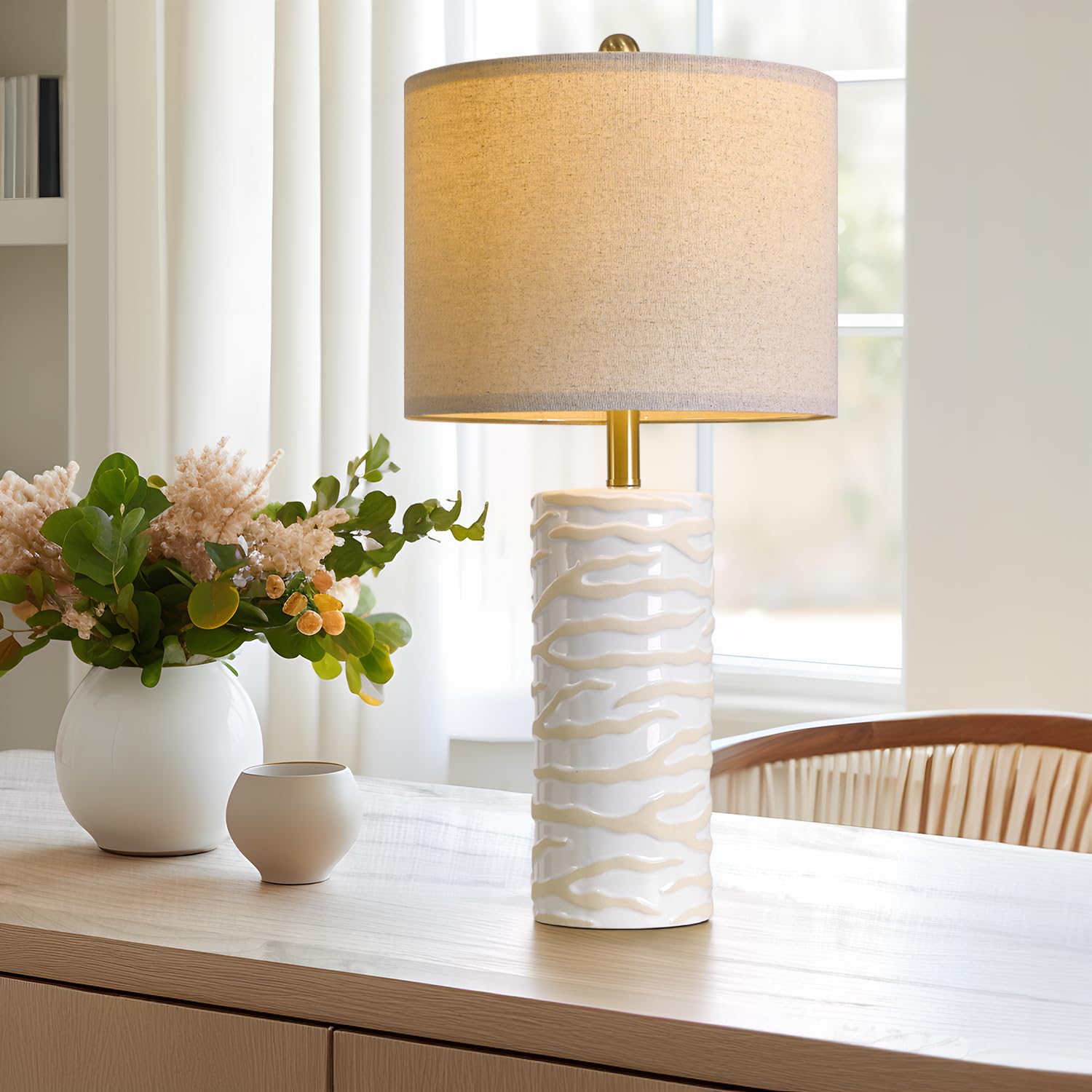 PoKat 26.75'' Ceramic Table Lamp, Modern Lamp for Living Room, White Lamp for Bedroom, Night Stands, Farmhouse Bedside Nightstan