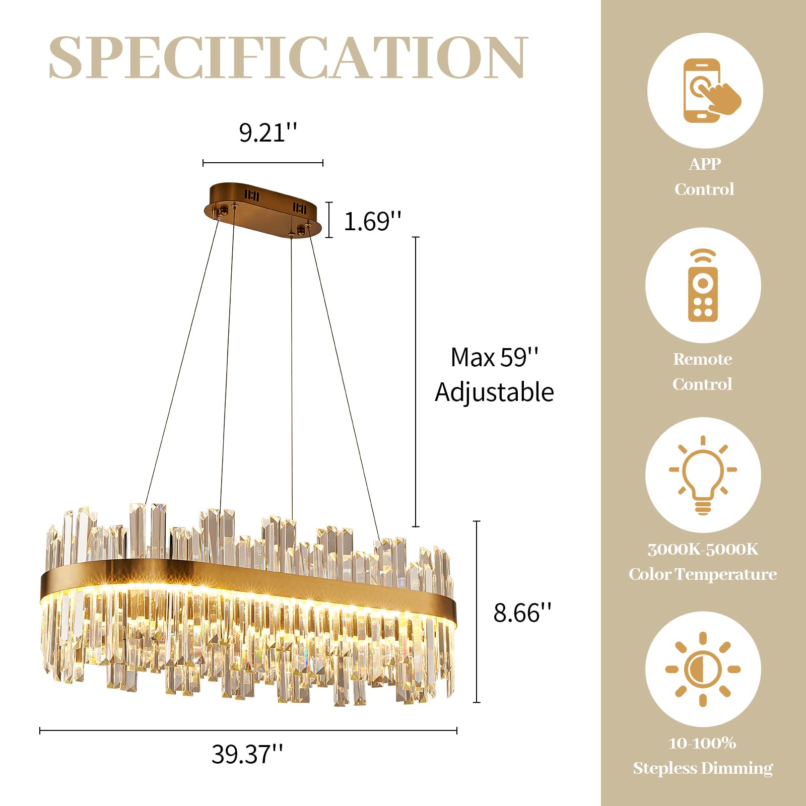 ALIYIQI 39.3" Dimmable Gold Rectangle LED Crystal Chandelier with Remote Control, 3 Colors, Contemporary Design for Dining Room, Living Room, Kitchen