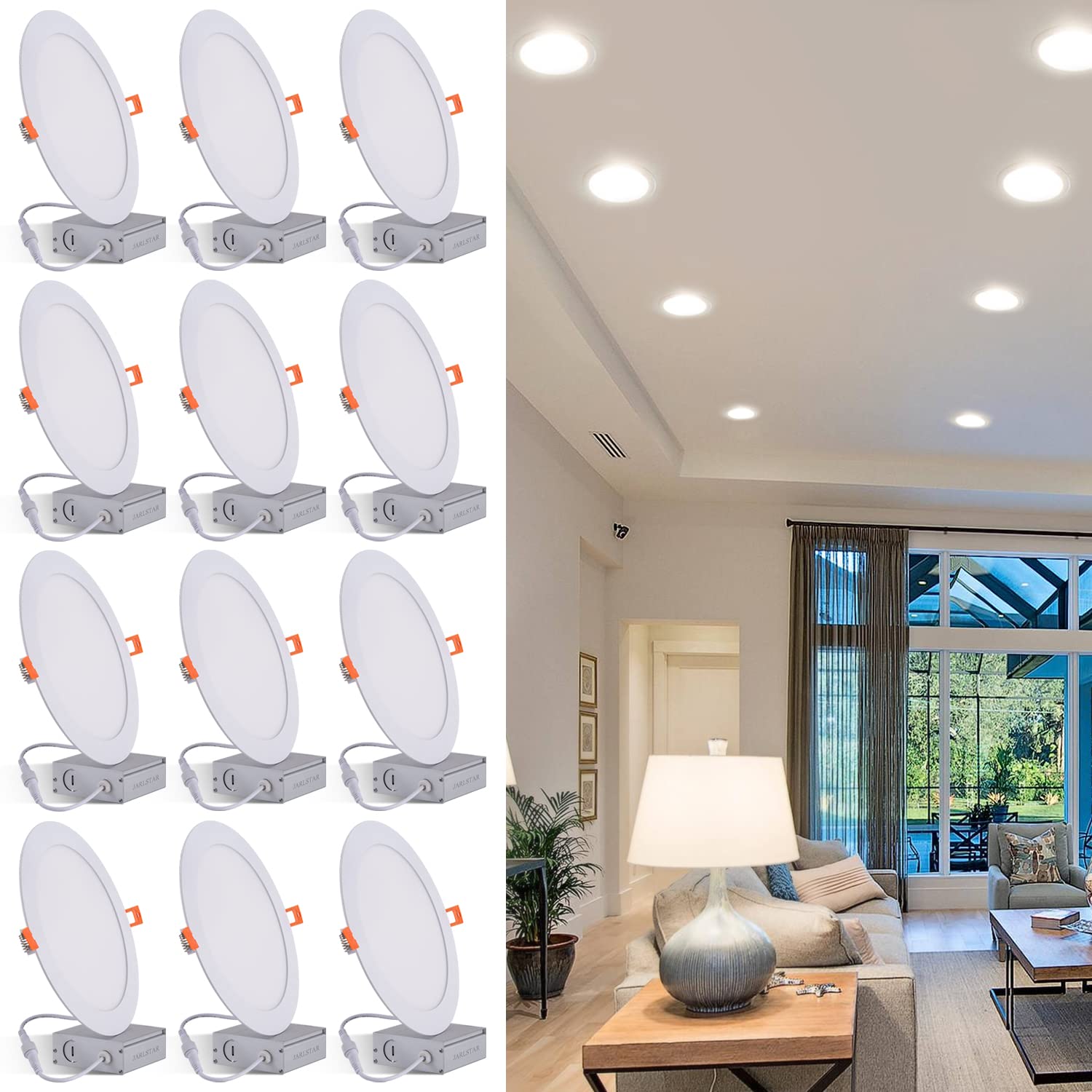 Jarlstar 8 Inch Led Recessed Light With Junction Box, 12Pack Ultra Thin Led Recessed Lighting.6000K Daylight, 18W 8" Recessed Ceiling Canless Wafer Downlight.Slim No Dimmable Can-Killer Lights,Cri80+
