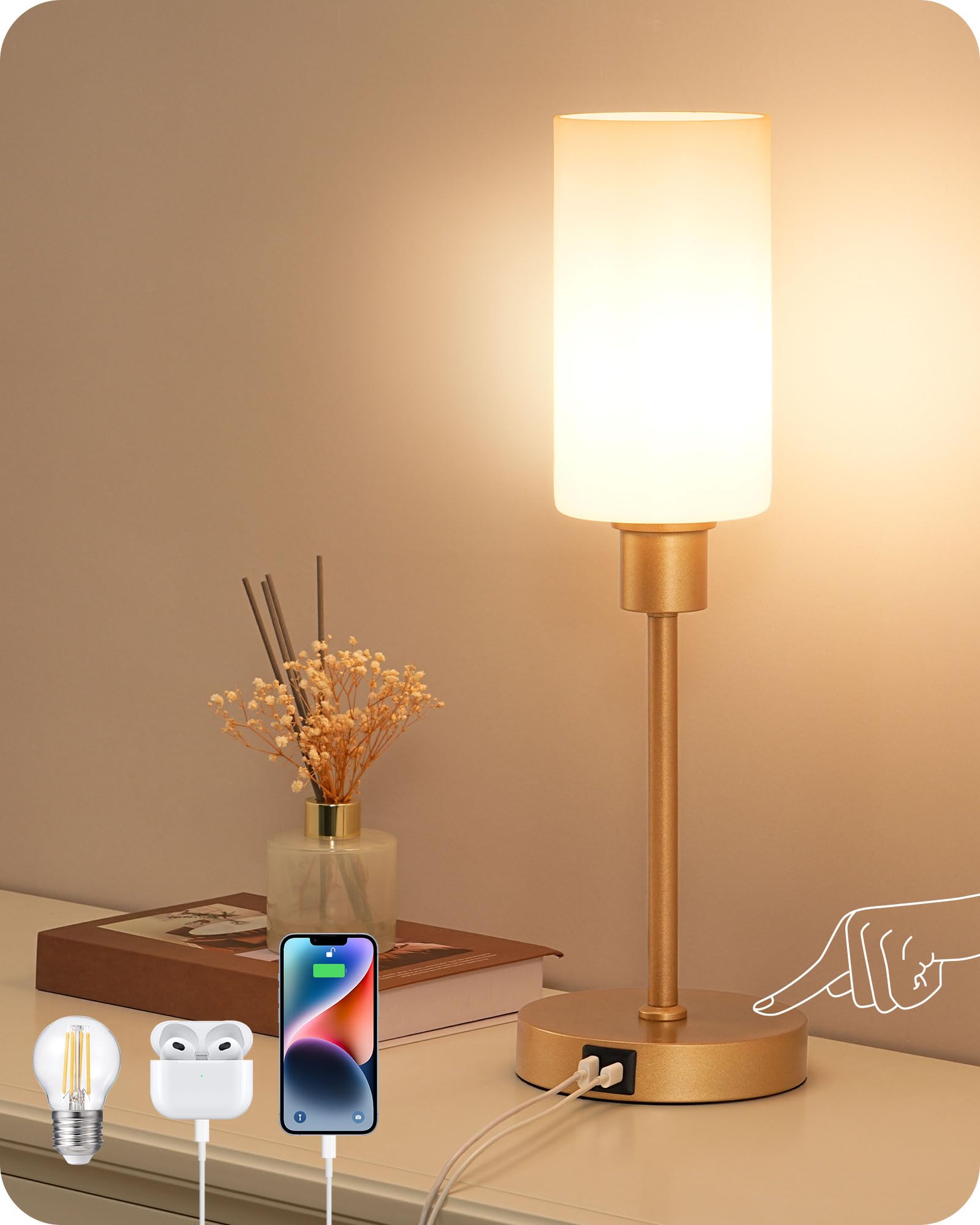EDISHINE 19 Glass Table Lamp with Touch Control, Modern Bedside Lamp, 3-Stage Dimmable & USB-A+Type-C Charging Ports, Nightstand