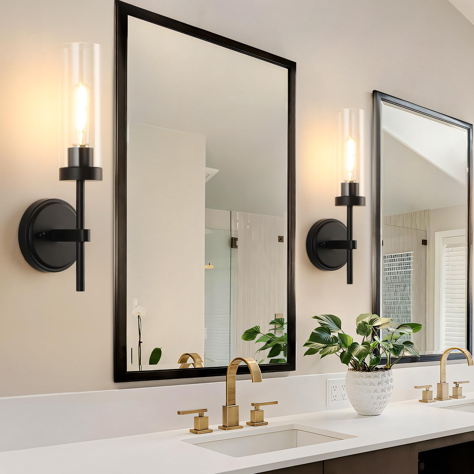 WILON Black Wall Sconces Set of 2, Metal Vanity Light Fixtures, 15.5in  Clear Glass Shades, Rustic Farmhouse Design