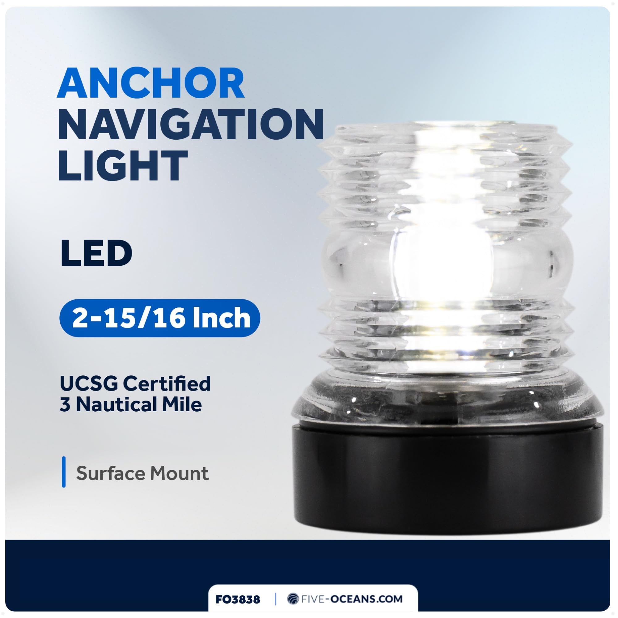 Five Oceans Anchor Light - 12V DC Stern Navigation Light, USCG Certified, 3-Inch Surface Mount, Fixed Color for Boats