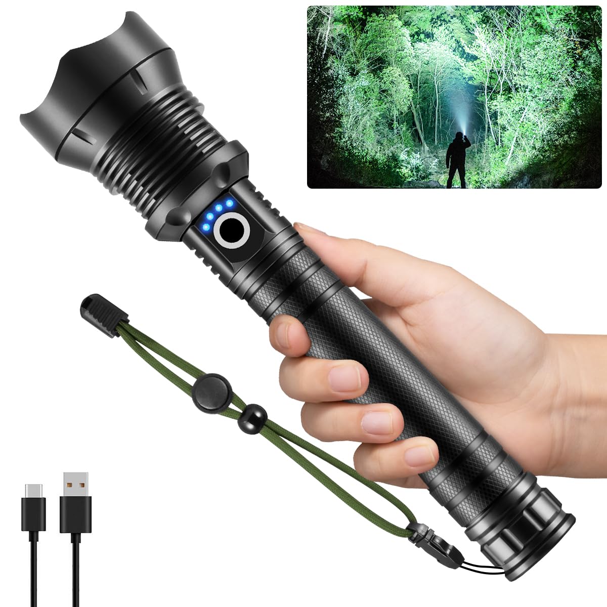 ZioeYiue Rechargeable Tactical Flashlight, 5 Modes, Adjustable Focus, Aluminum, X92-Pro, Black