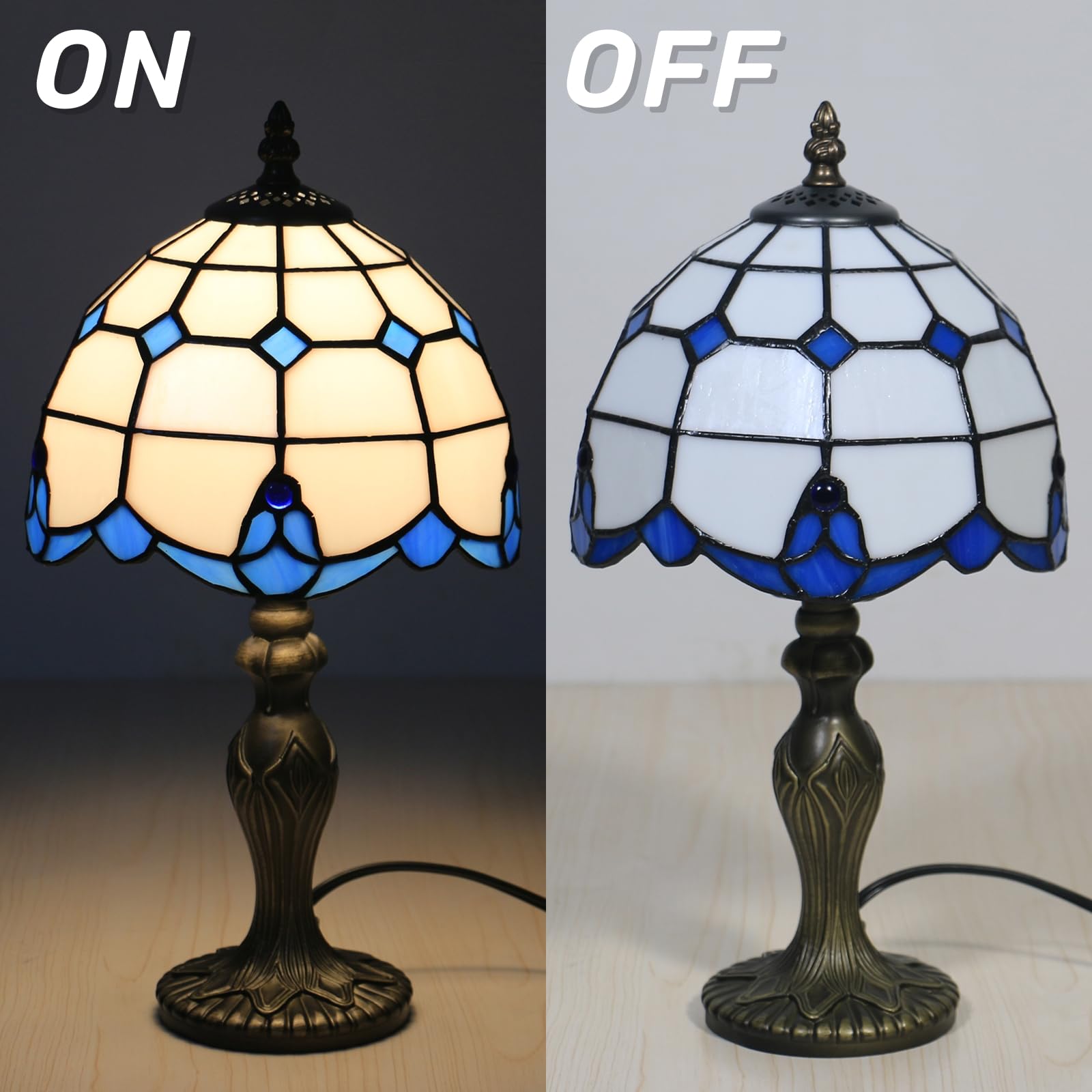 Tuomoxte Tiffany Table Lamp, Tiffany Style Stained Glass Lamp, 8 Inch Small Antique Bedside Lamp, For Nightstand Bedroom Living Room Home Office, Blue, Include Led Bulb