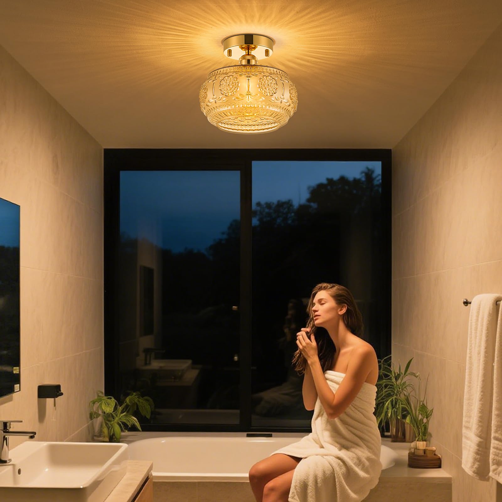 Tbaoinla Semi Flush Mount Ceiling Light - French Gold Finish & Amber Floral Glass Shade  Vintage Modern Lighting For Bathroom  Kitchen  Bedroom (Bulb Not Included)