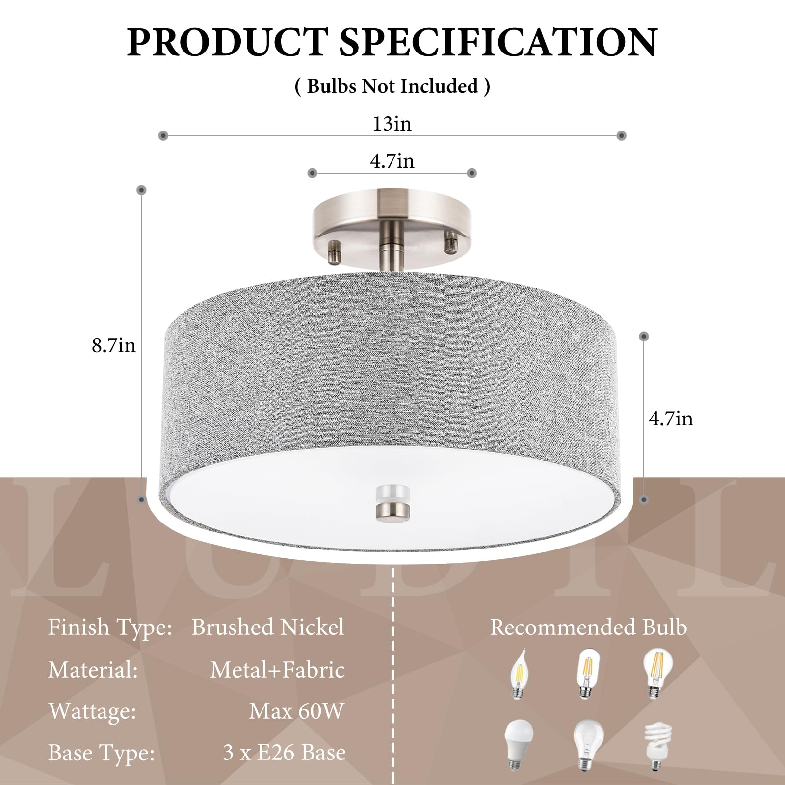 3-Light Semi Flush Mount Ceiling Light Fixture, 13" Modern Drum Light With Grey Fabric Shade, Close To Ceiling Lighting Hanging Lamps For Bedroom Living Room Dining Room Kitchen Hallway