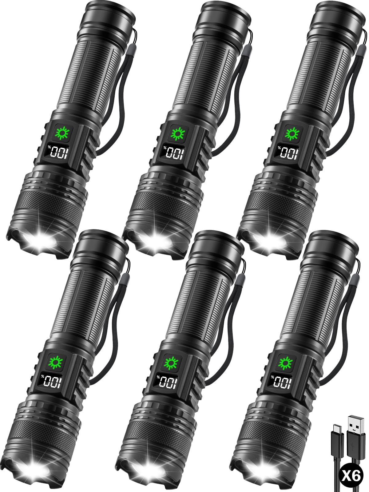 Huccbs 6Pack Rechargeable Flashlights High Lumens  LED Flashlight Rechargeable with LCD Digital Display  5Modes Adjustable Flash Light  Super Bright Flashlight Powerful  Tactical Flashlights for Home