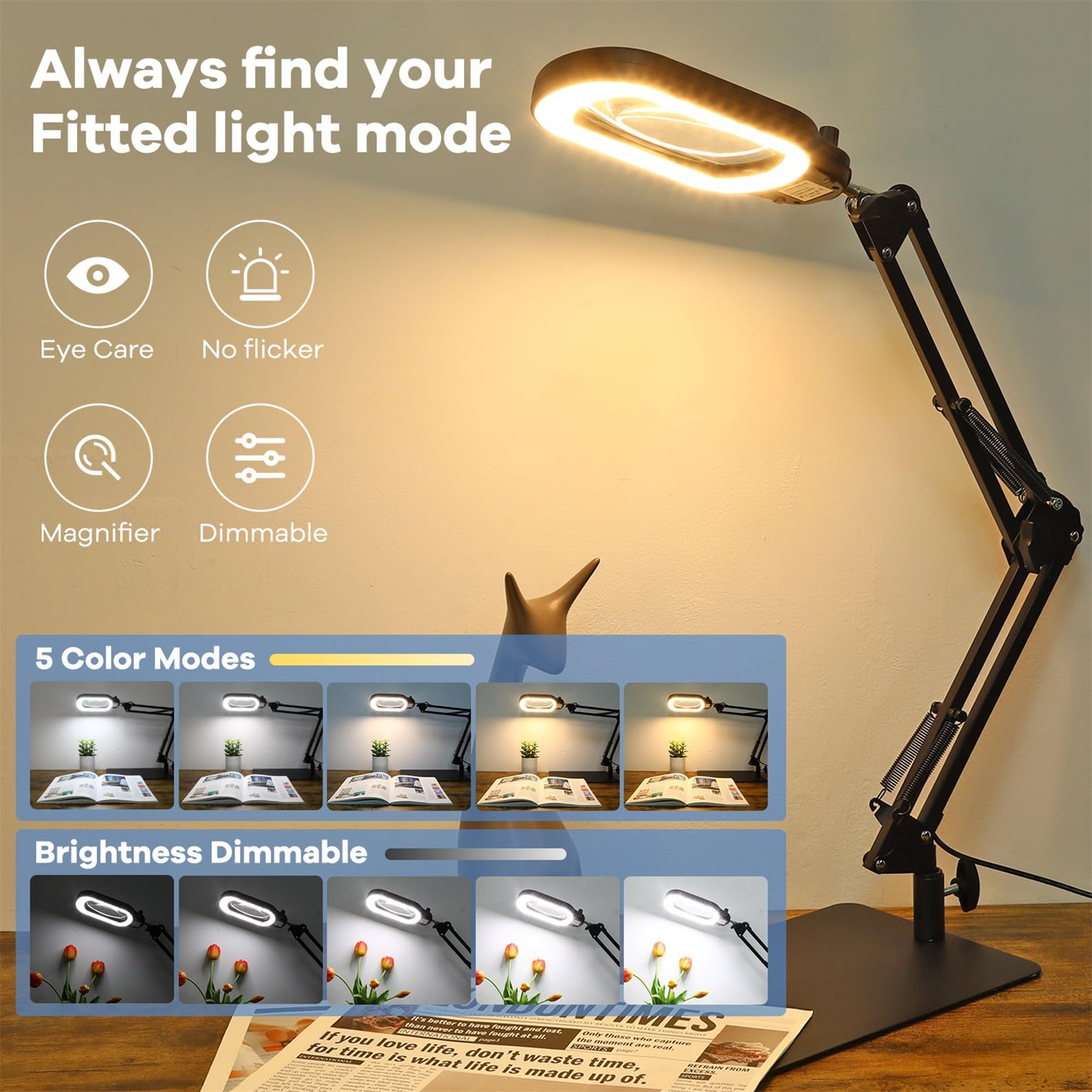 Jeedefi 10X Rectangle Magnifying Glass with Light, Black, Model JE-U01, Real Glass, Stepless Dimmable, Hands-Free Stand