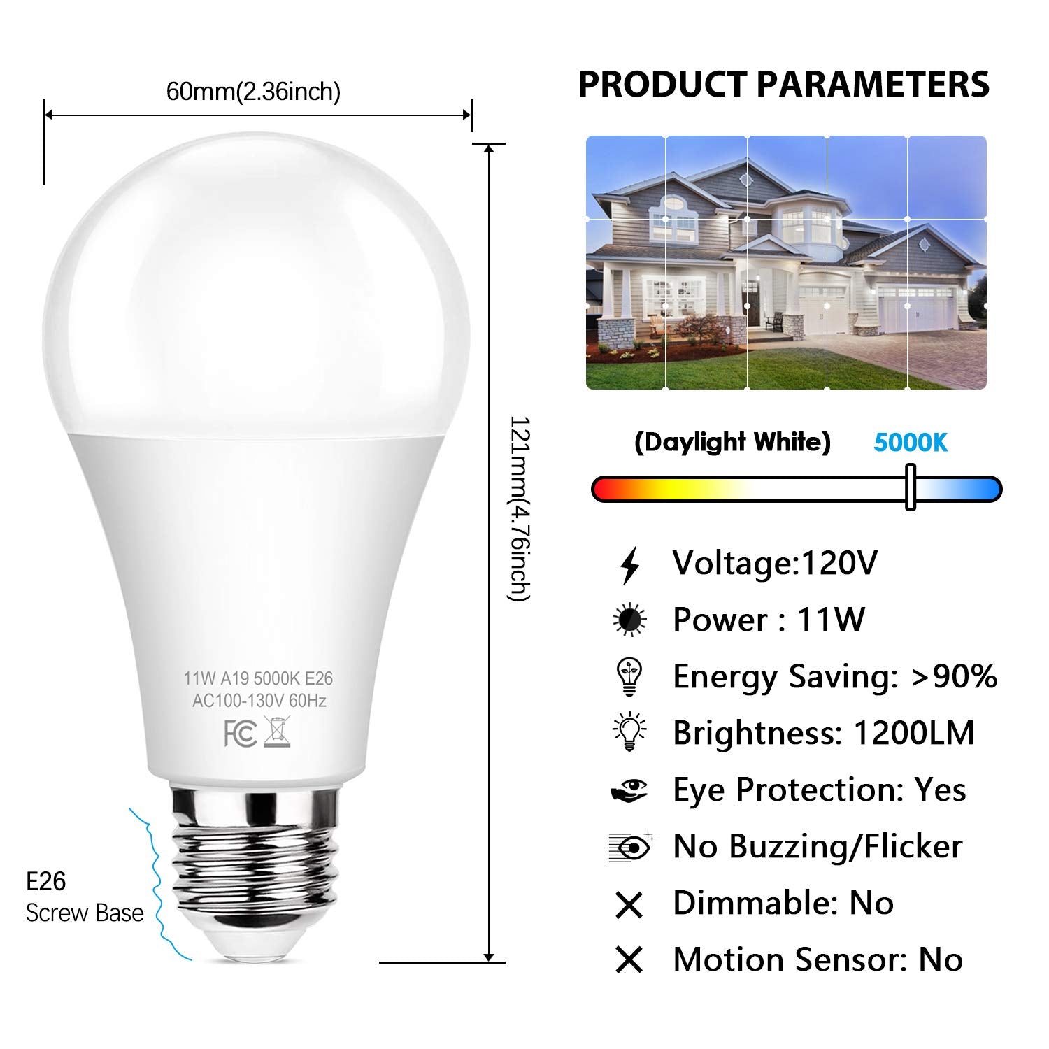 Brightever 6-Pack Dusk to Dawn LED Light Bulbs, A19 11W, E26, 1200LM, Daylight White 5000K, Automatic On/