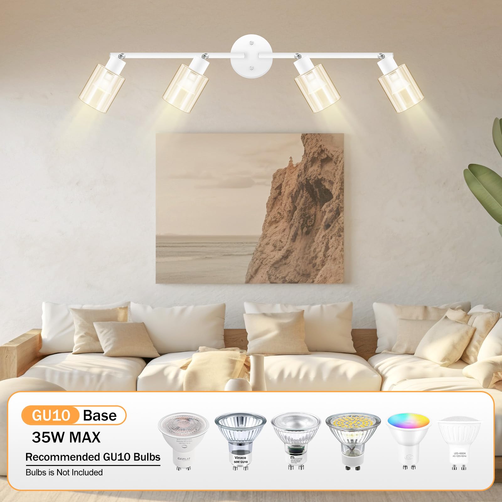 Boostarea 4-Light Bathroom Light Fixtures, White Modern Vanity Wall Lights With Clear Glass Shade, Flexibly Ceiling Light For Mi
