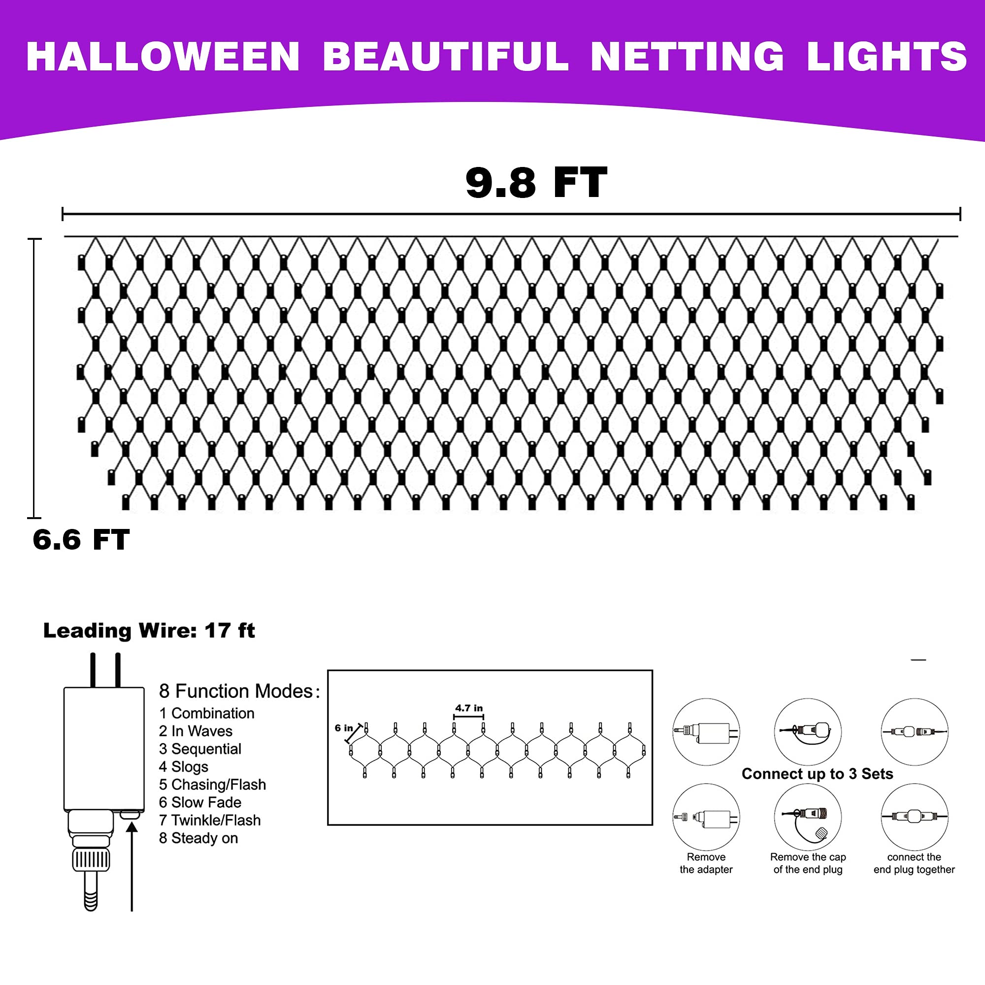 Funpeny 200 Led Purple Halloween Net Lights, 9.8Ft X 6.6Ft, 8 Modes,