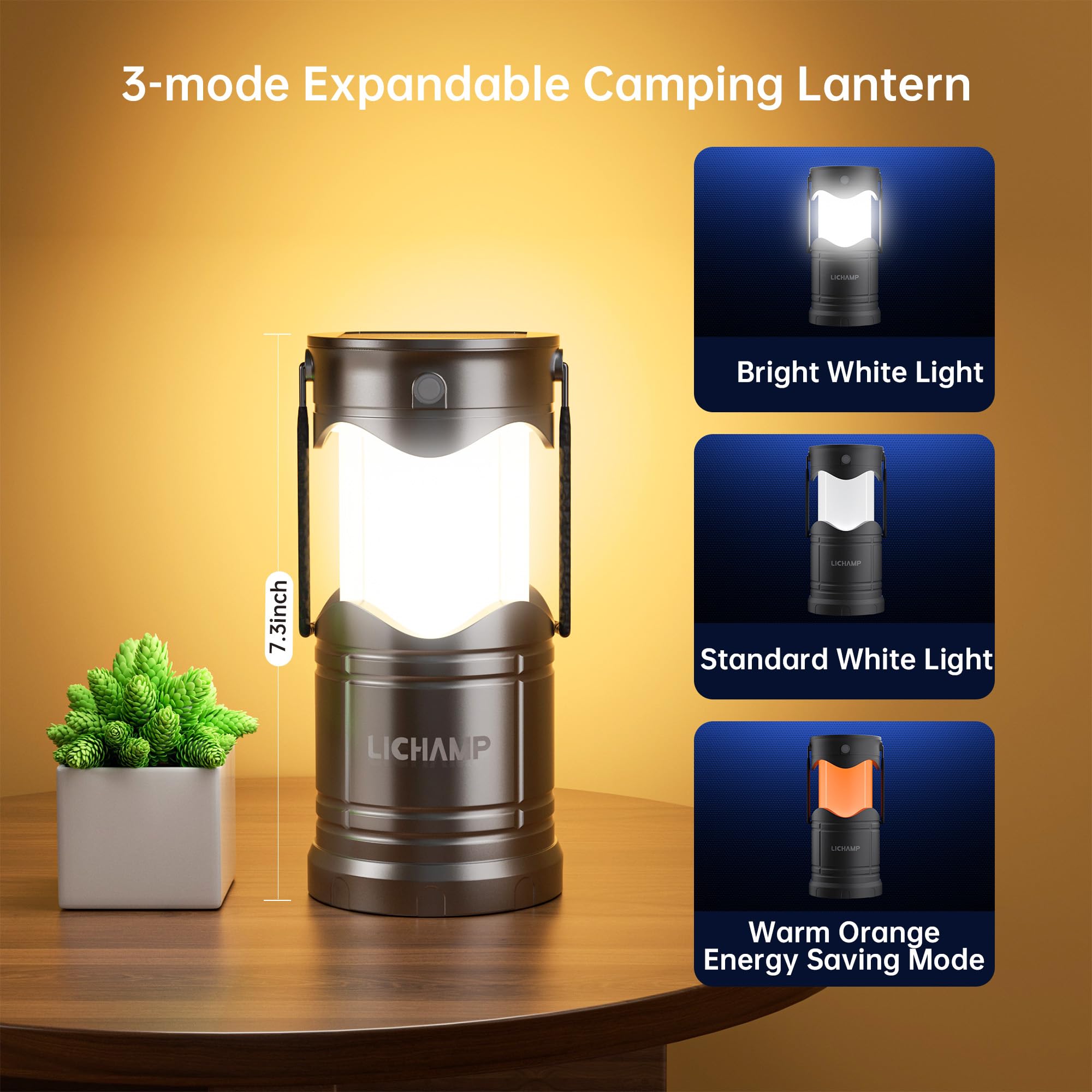 Lichamp Solar Camping Lantern 2-Pack, USB Rechargeable LED, ABS, Dark Gray, Model CLS-K002GH, Emergency Indoor & Outdoor Use