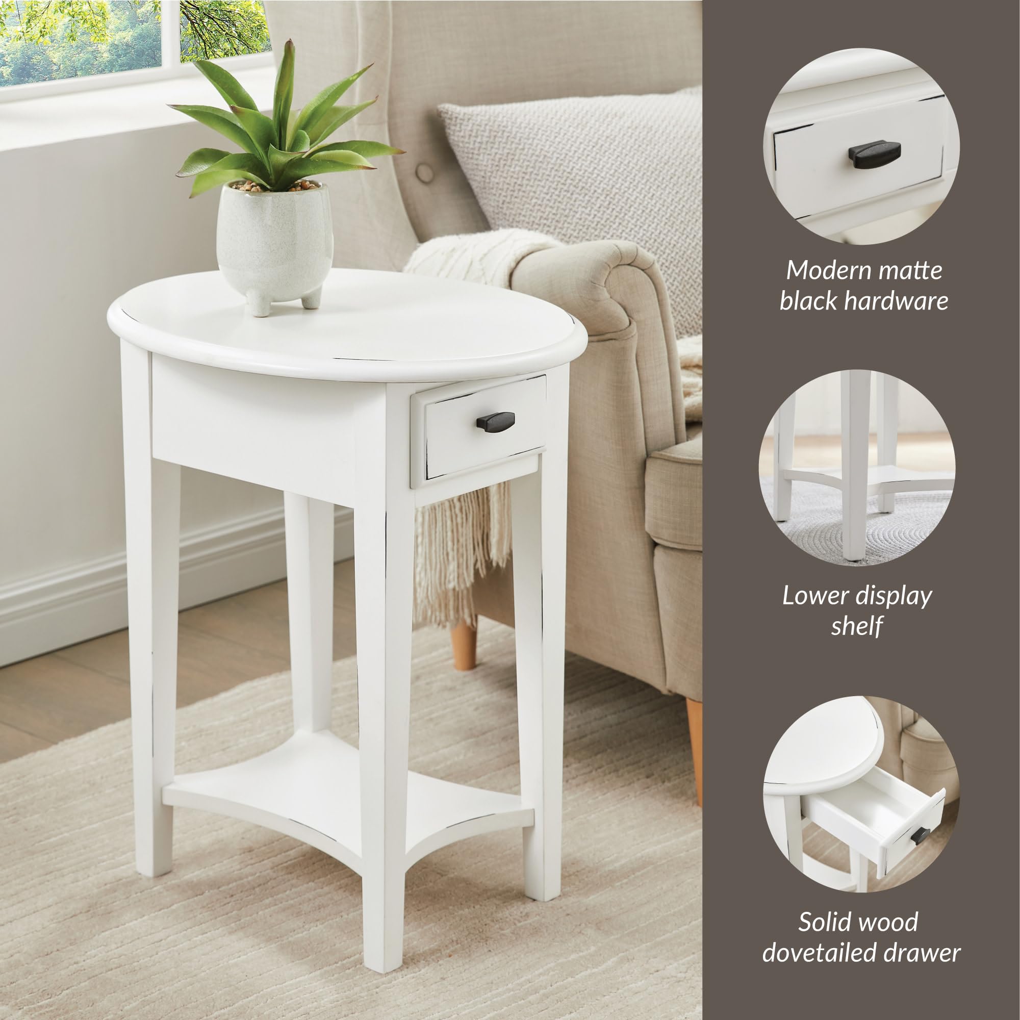 Leick Home Haven Ridge Oval End Table, One Drawer Side Table, Farmhouse White, 214387