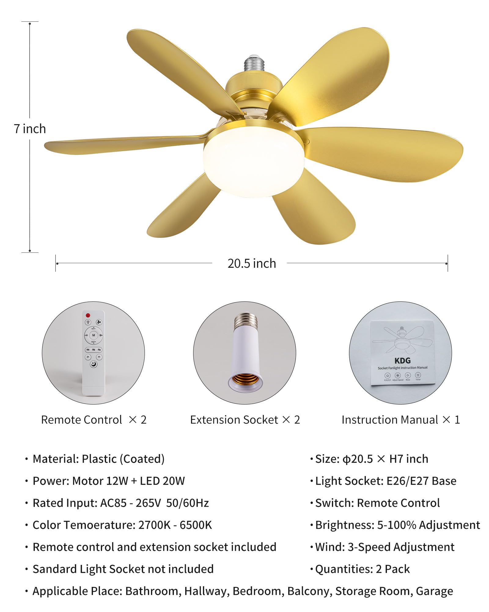 Pusu Ceiling Fans With Light Set Of 2, Low Profile Socket Fan Lamps With E26 Base, 3 Colors Dimmable Led Lighting For Bedroom, K