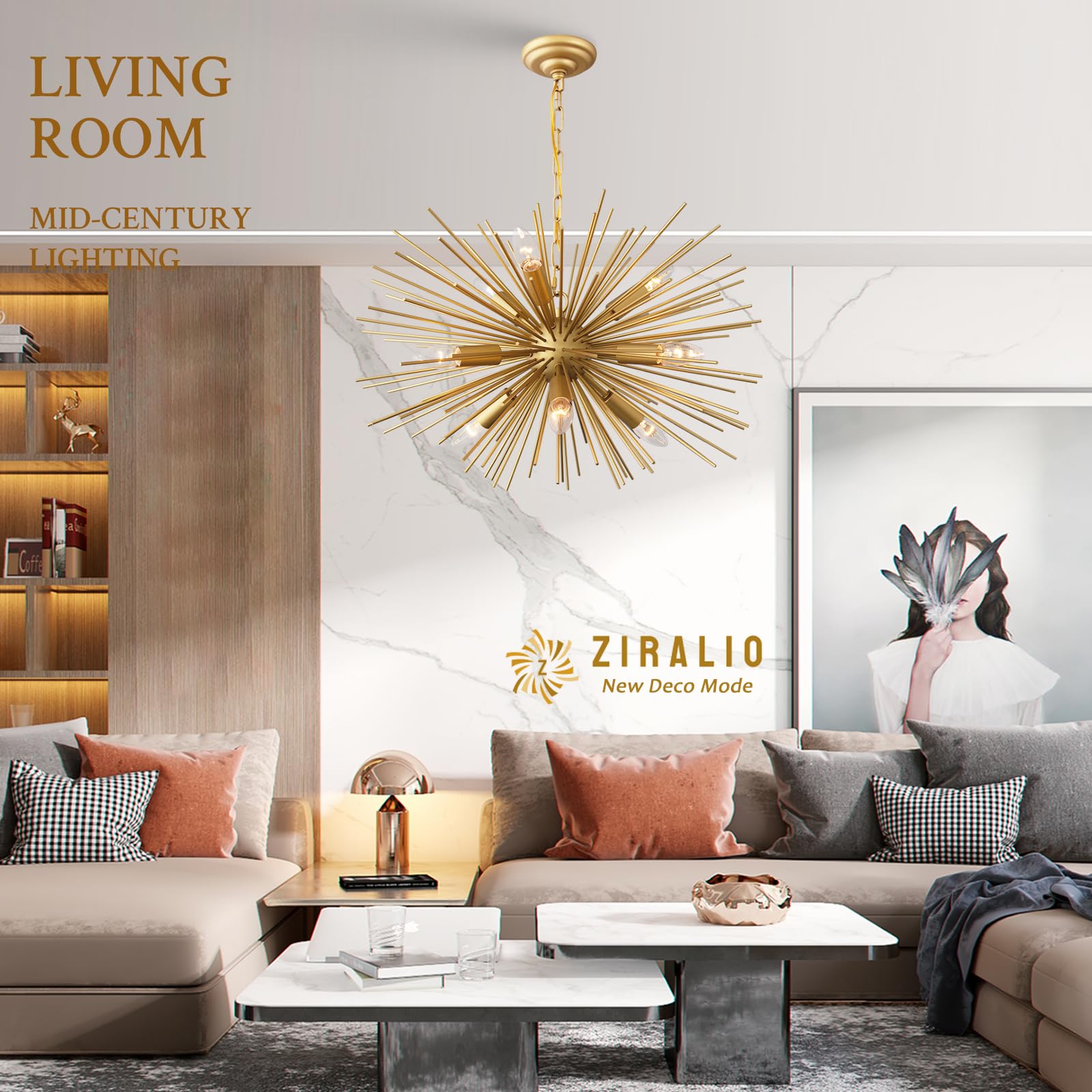 ZIRALIO Modern Gold Sputnik Chandelier 24" 9-Lights Geometric Starburst Light Fixture for Dining Room, Kitchen, Bedroom, Living Room