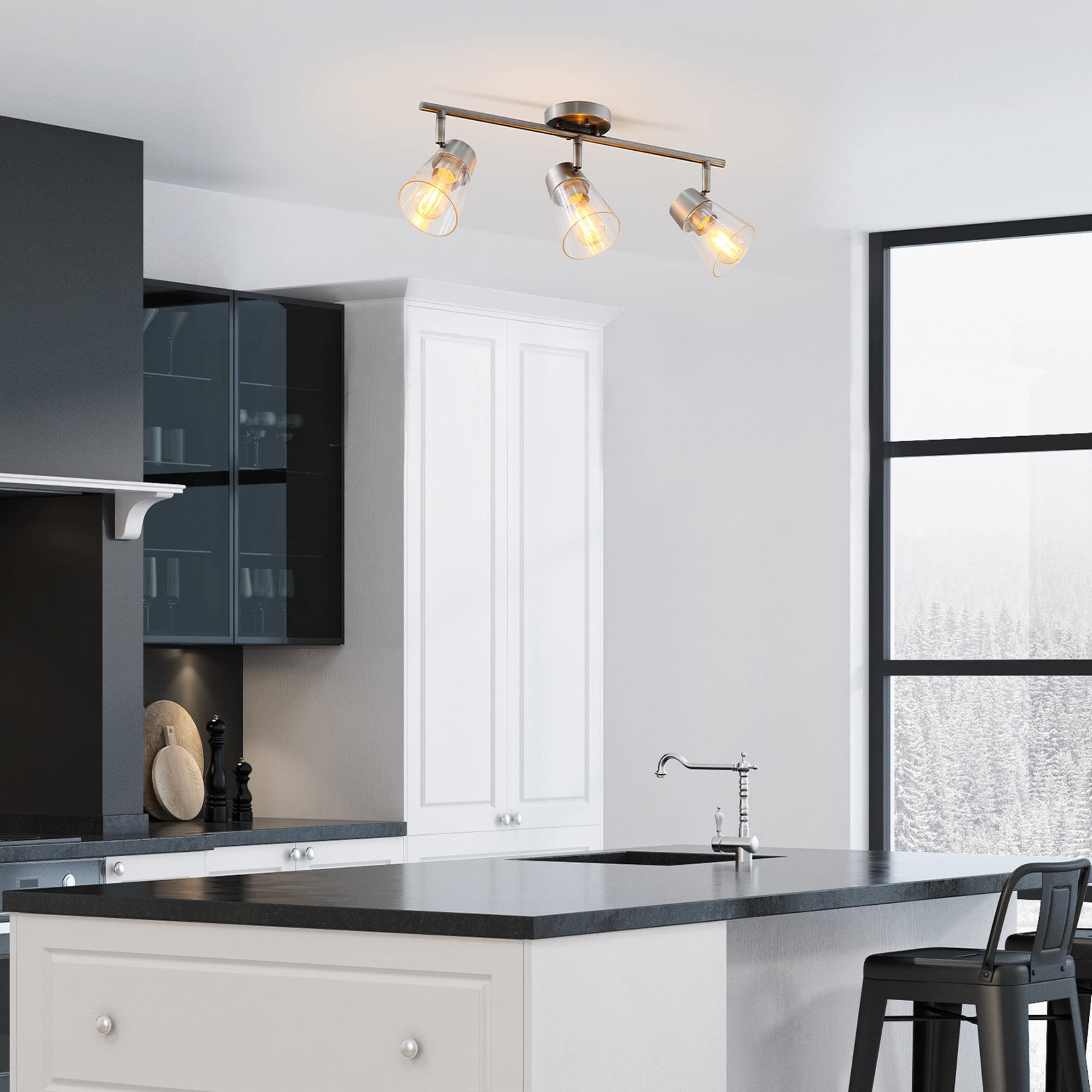 Globe Electric 3-Light Track Lighting, Pewter, Clear Glass Shades, Model 64000045, E26 Socket, Kitchen Ceiling Light