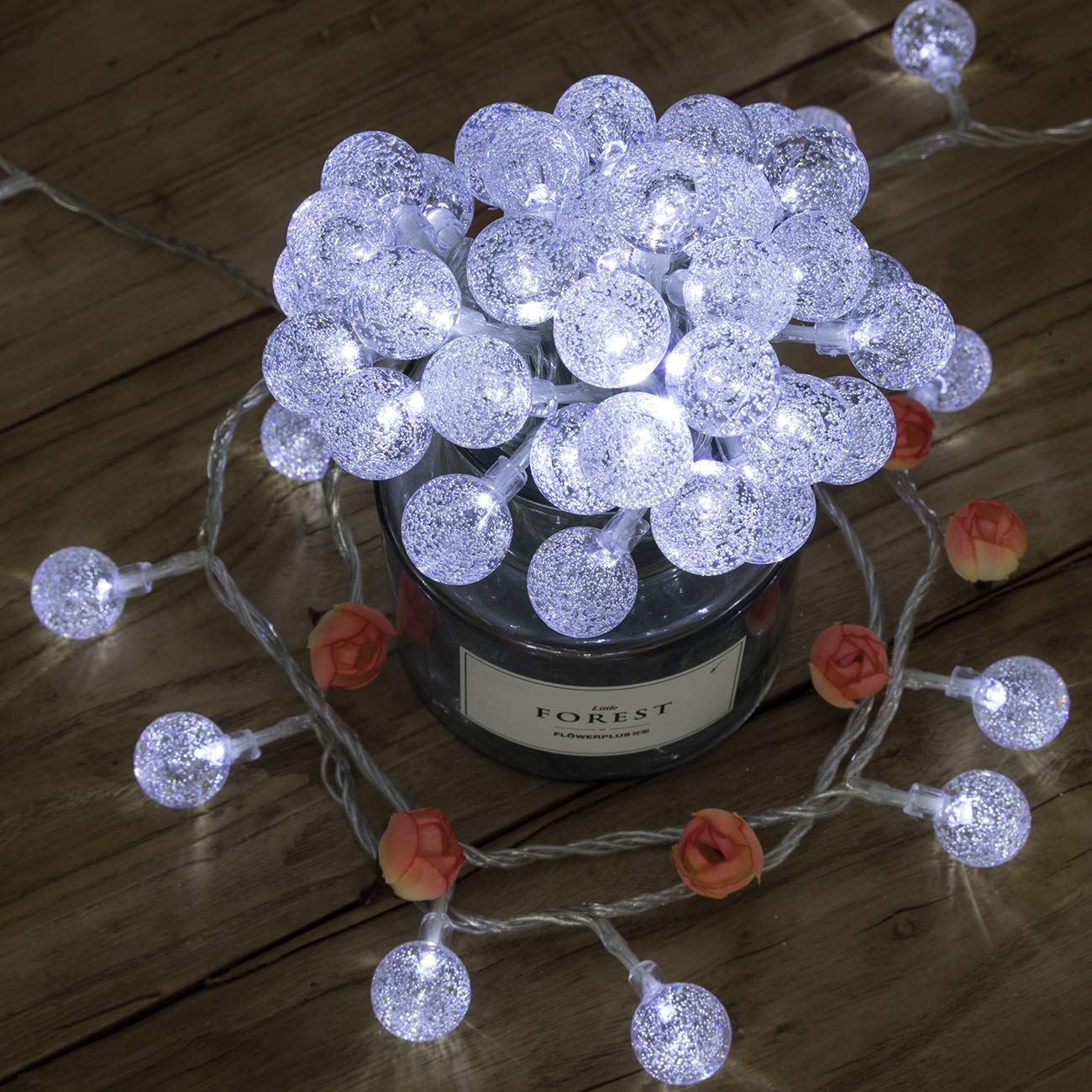 AWQ LED Globe Ball String Lights, 49 FT, White, Crystal Bubble, 8 Modes, Plug-in, Remote, Indoor/Outdoor Wedding Decor