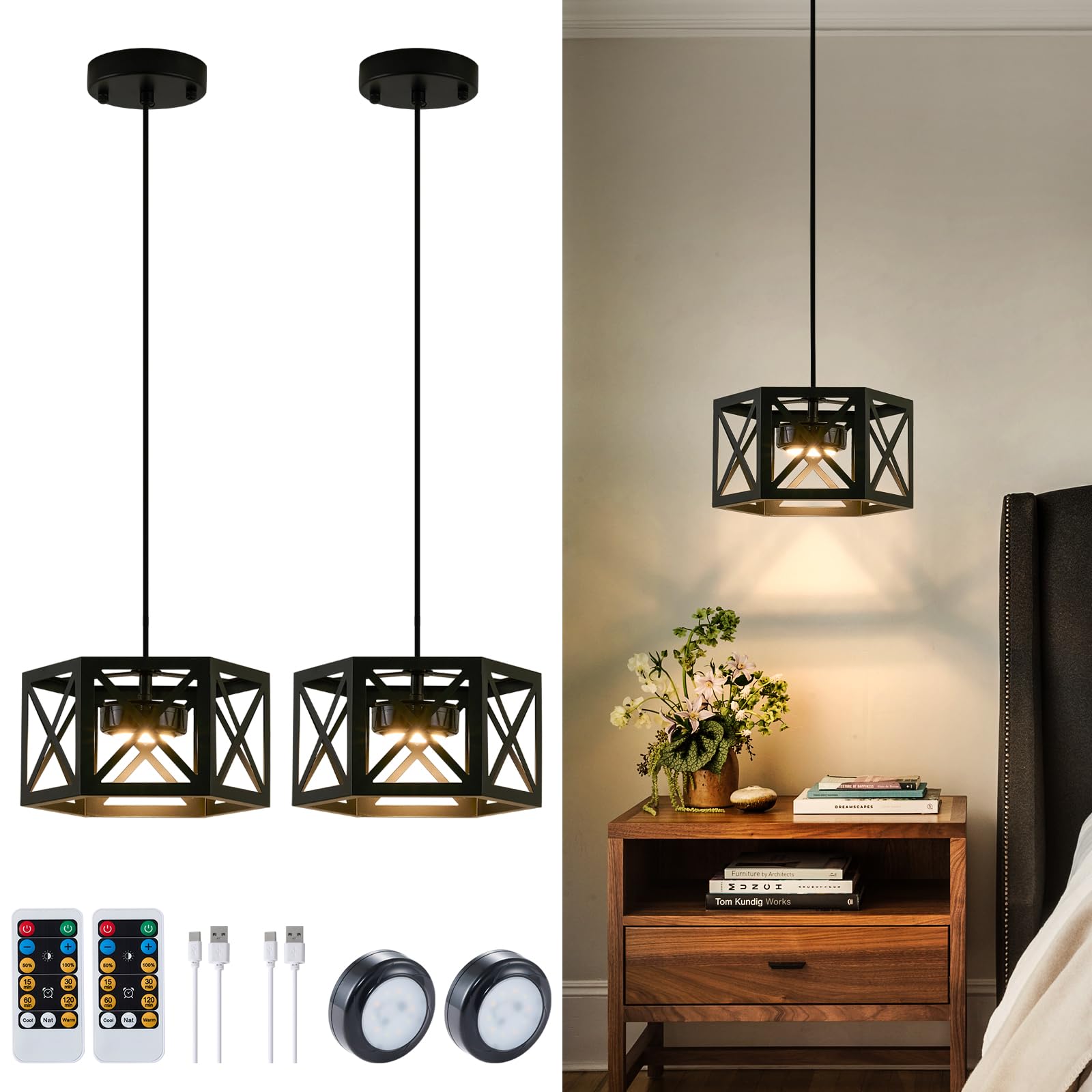 XSDeTu 2 Pack Rechargeable Battery Operated Pendant Lights, Modern Farmhouse Battery Powered Hanging Light, 3 Colors Dimmable Me