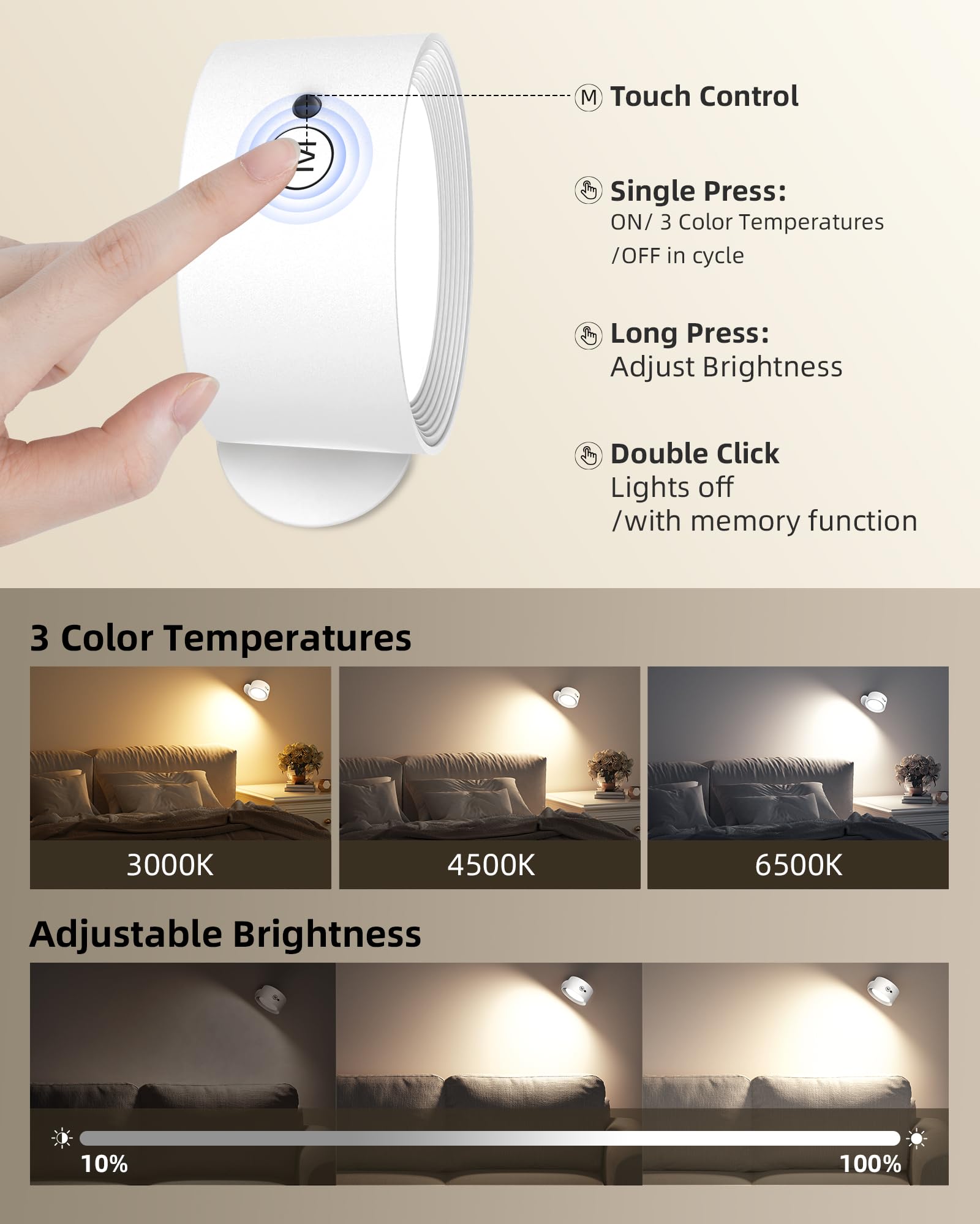 AMETHEUS LED Wall Mounted Lights, 3 Color Temps, Rechargeable, 360° Dimmable, White, 2 Pack, Model WL02