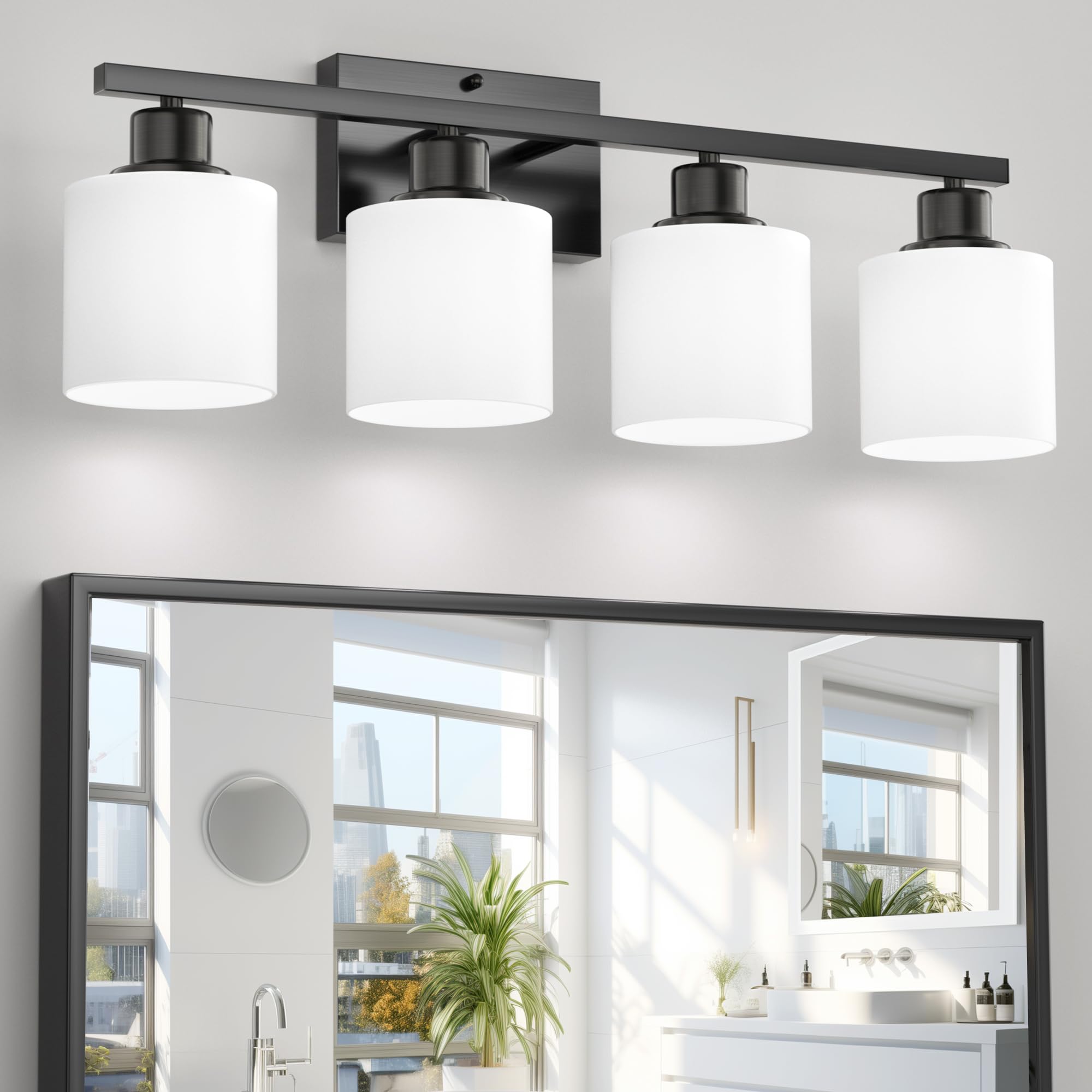 Dekang 4-Light Bathroom Vanity Light, Black Anti-Rust Sconces With Milky Glass Shades