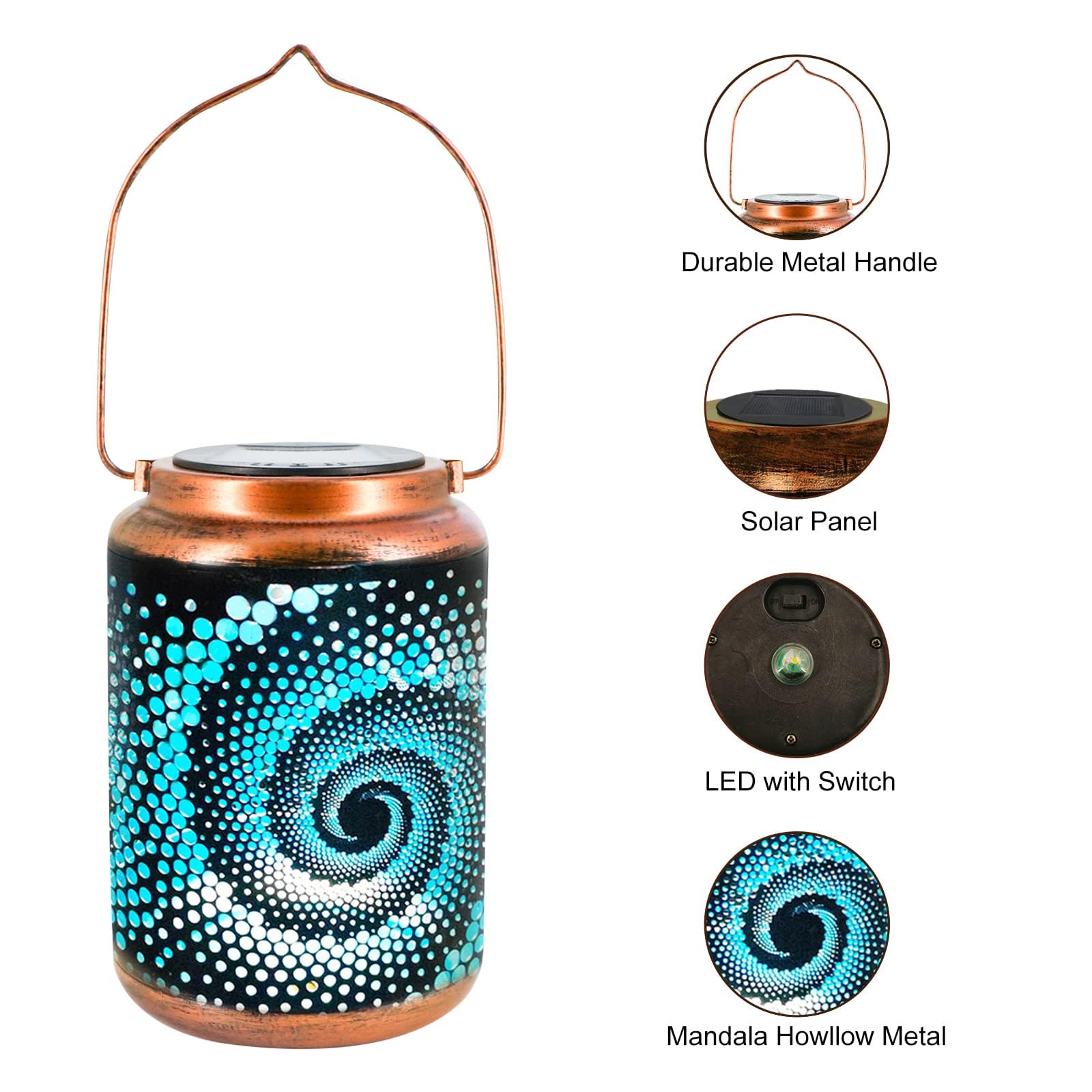 YISITEONE Mosaic Solar Lantern - Outdoor Waterproof Blue Metal Table Light, Model LT01, Turkish Moroccan Design for Garden & Patio Decor