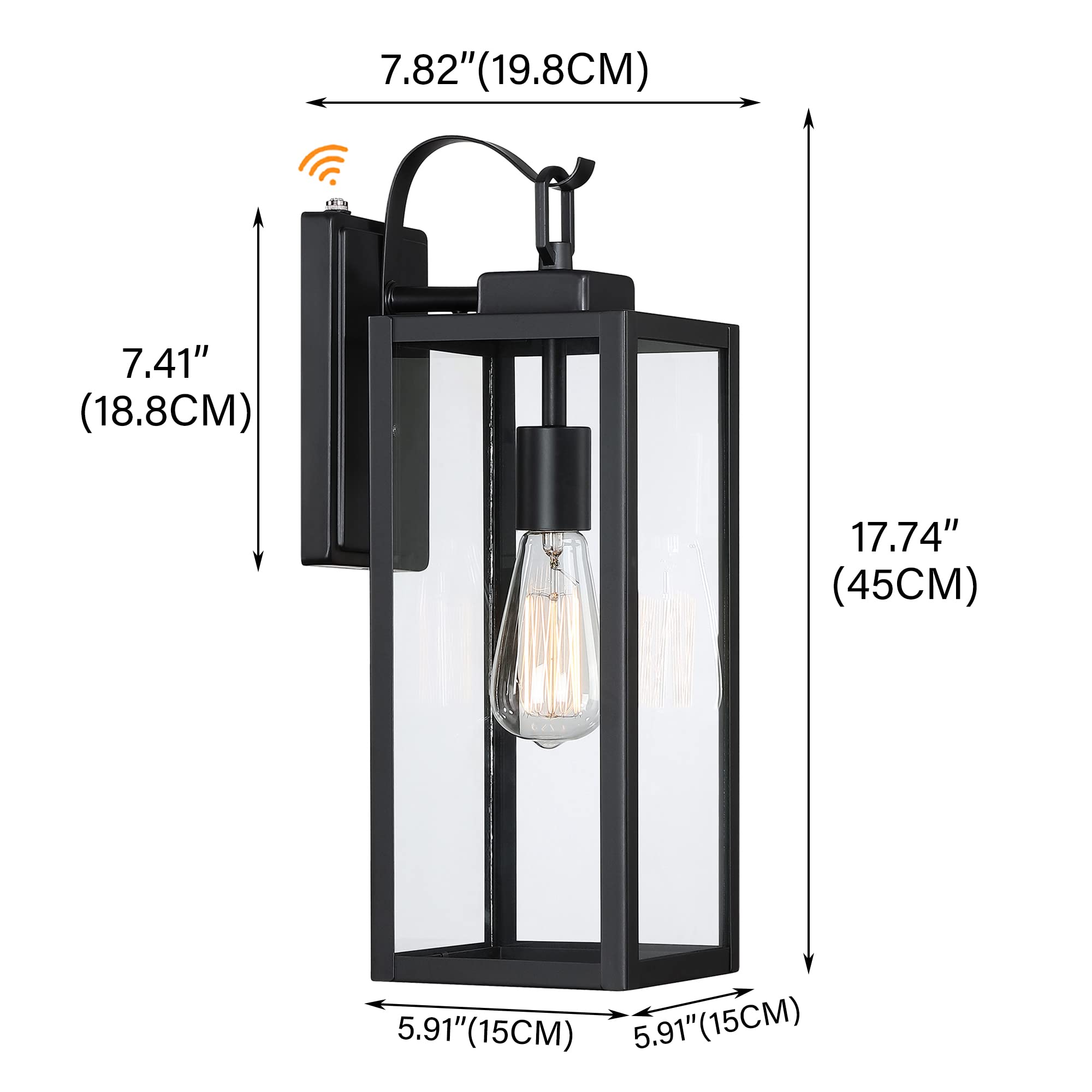 Pia Ricco Outdoor Wall Lights, Dusk to Dawn, Matte Black, 18 Inch with Sensor, ETL Listed, Clear Glass Shade