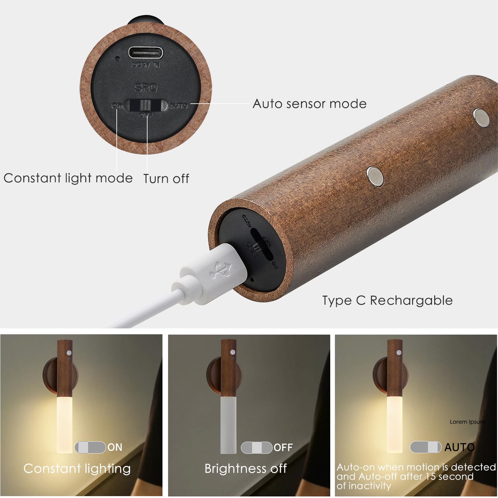 Montford Wall Sconces Set of Two, Battery Operated, Motion Sensor, Rechargeable, Black Walnut Wood, Model OLDNL001