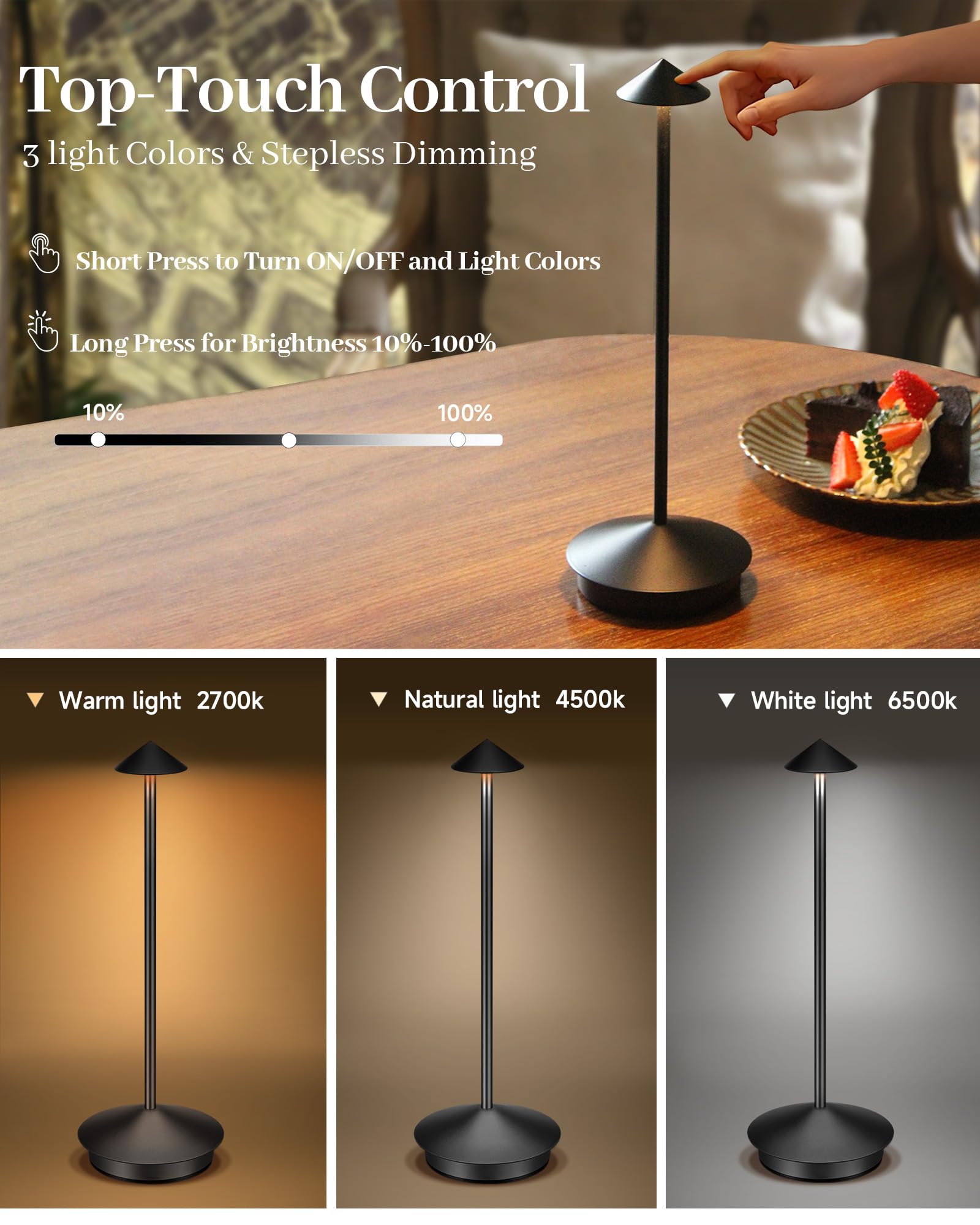 XMINKDZA Portable LED Table Lamp 2 Pack, Rechargeable 6000mAh, Dimmable, IP54 Waterproof, Black