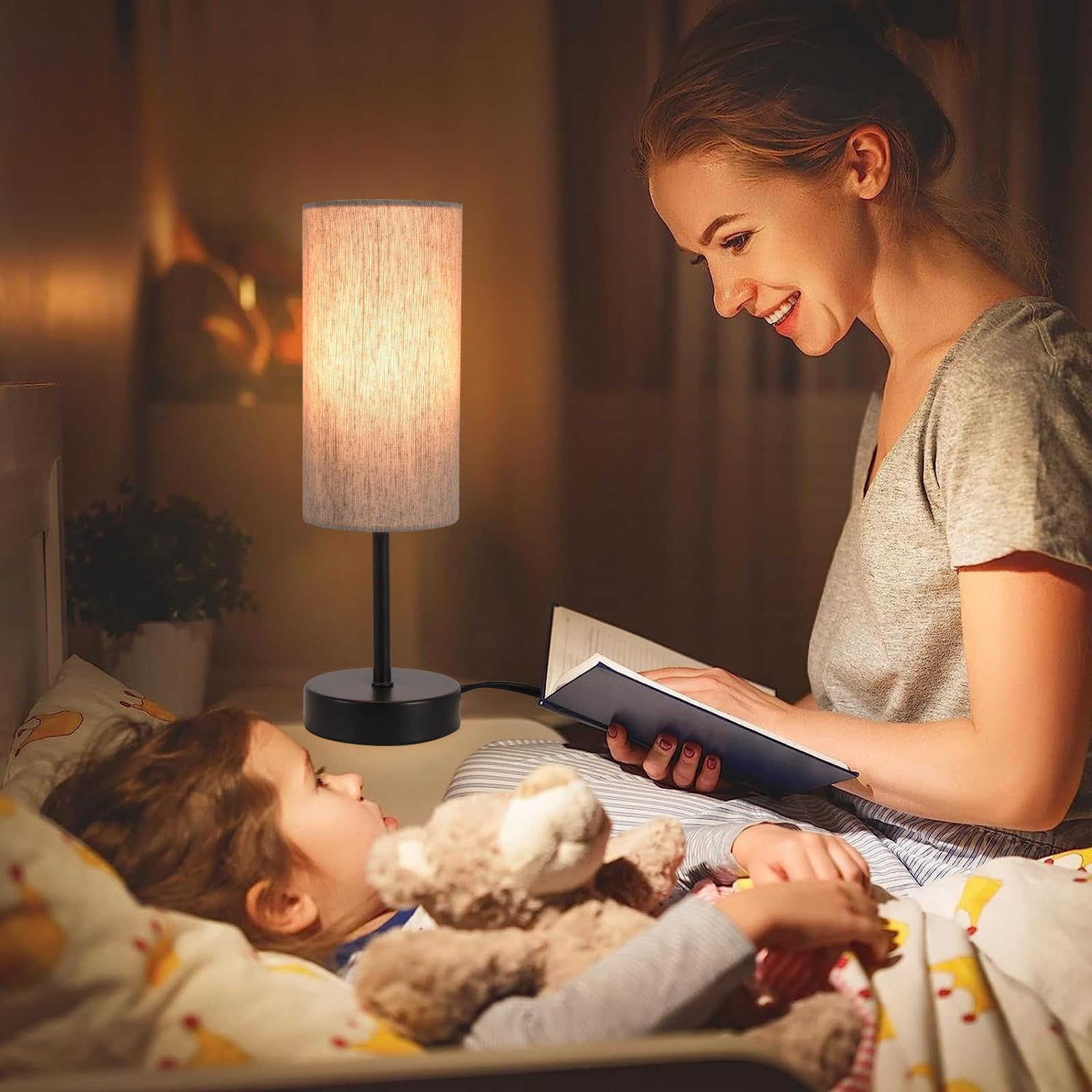 RISLG Small Beige-Black Table Lamp, 13in Minimalist Modern Bedside Lamp with Linen Shade for Bedroom, Living Room, Office, Kids Room