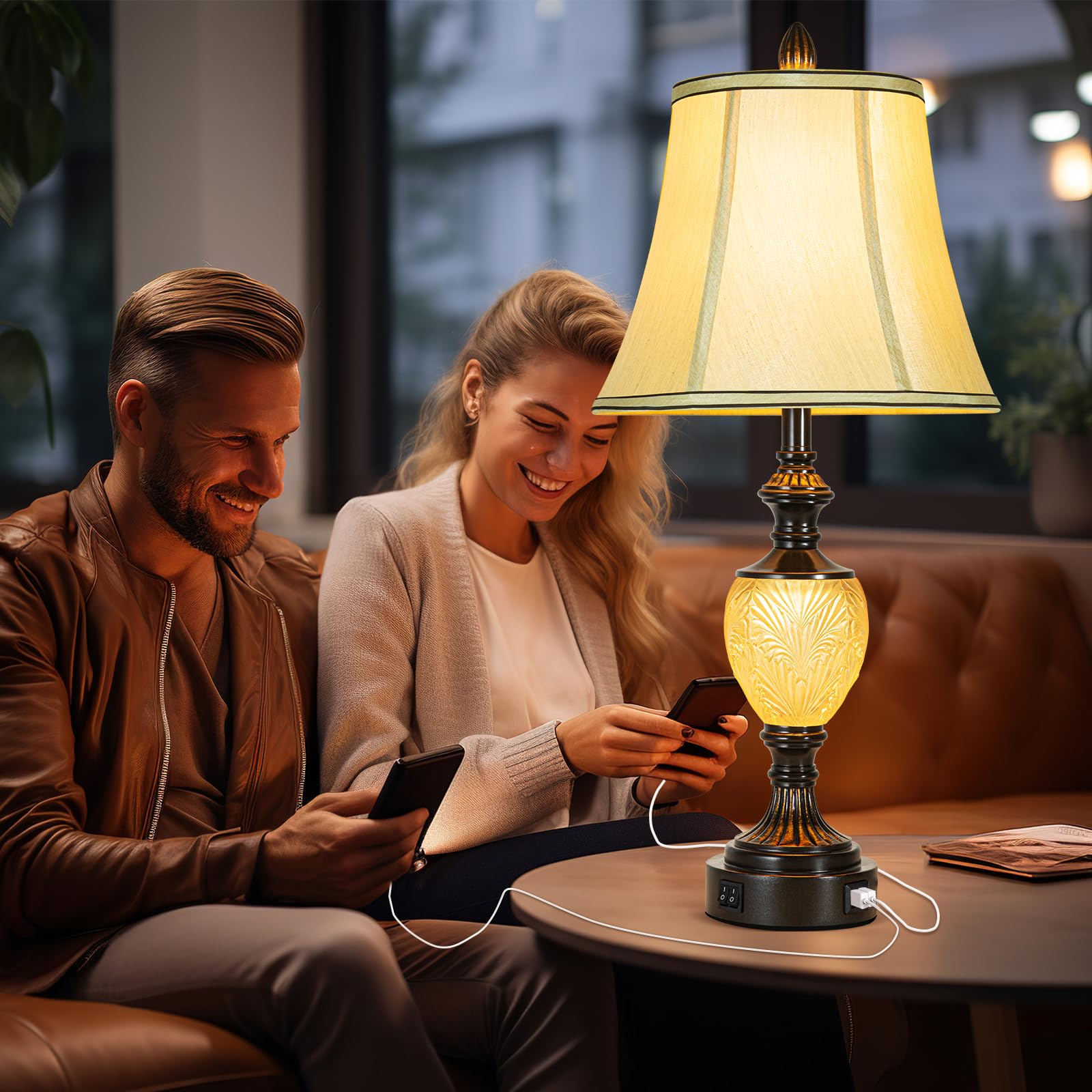 LuxSight Collection 27'' High Vintage Table Lamp Set of 2, Dark Brown, Fabric Shades, USB Nightlight, Model PL8018 for Living Room & Bedroom