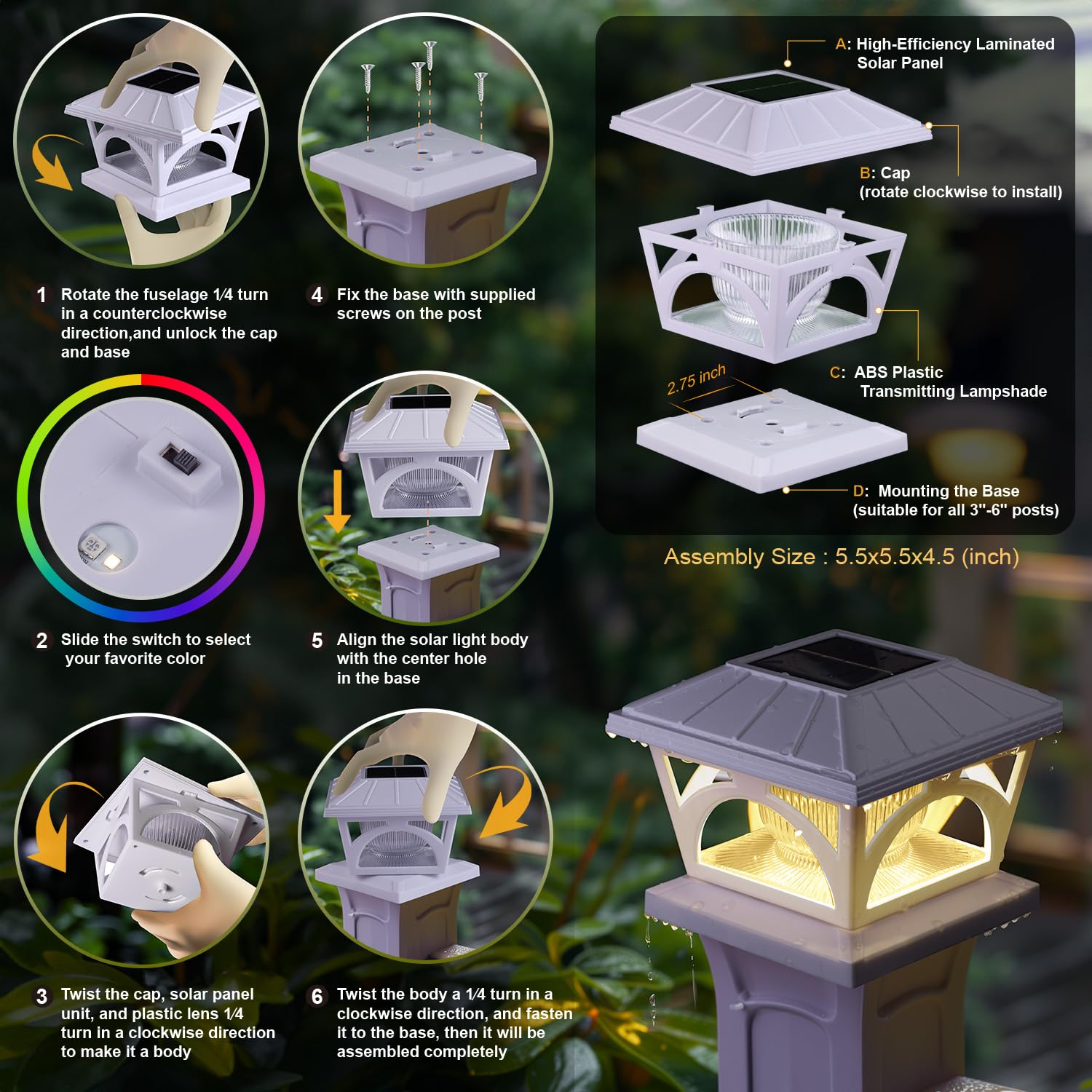 AEFRELEOHT Solar Post Cap Lights, 20 Lumens, RGB & Warm White, 2 Pack, White, Model SL1680