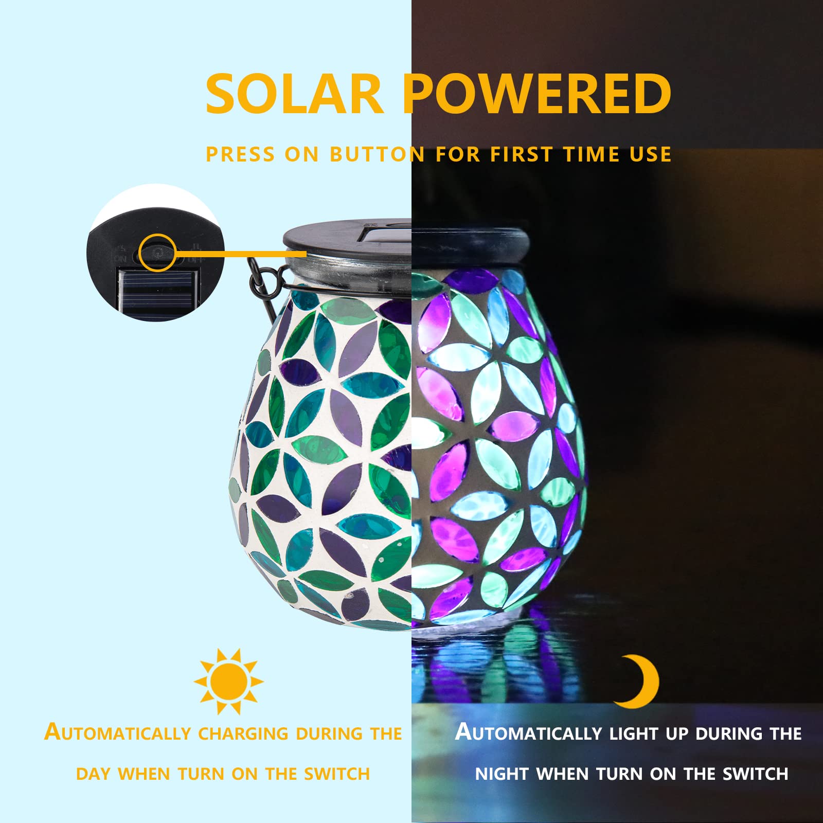 Afirst Mosaic Solar Lantern - Glass Hanging Light, Waterproof, Kaleidoscope, Model 4428731
