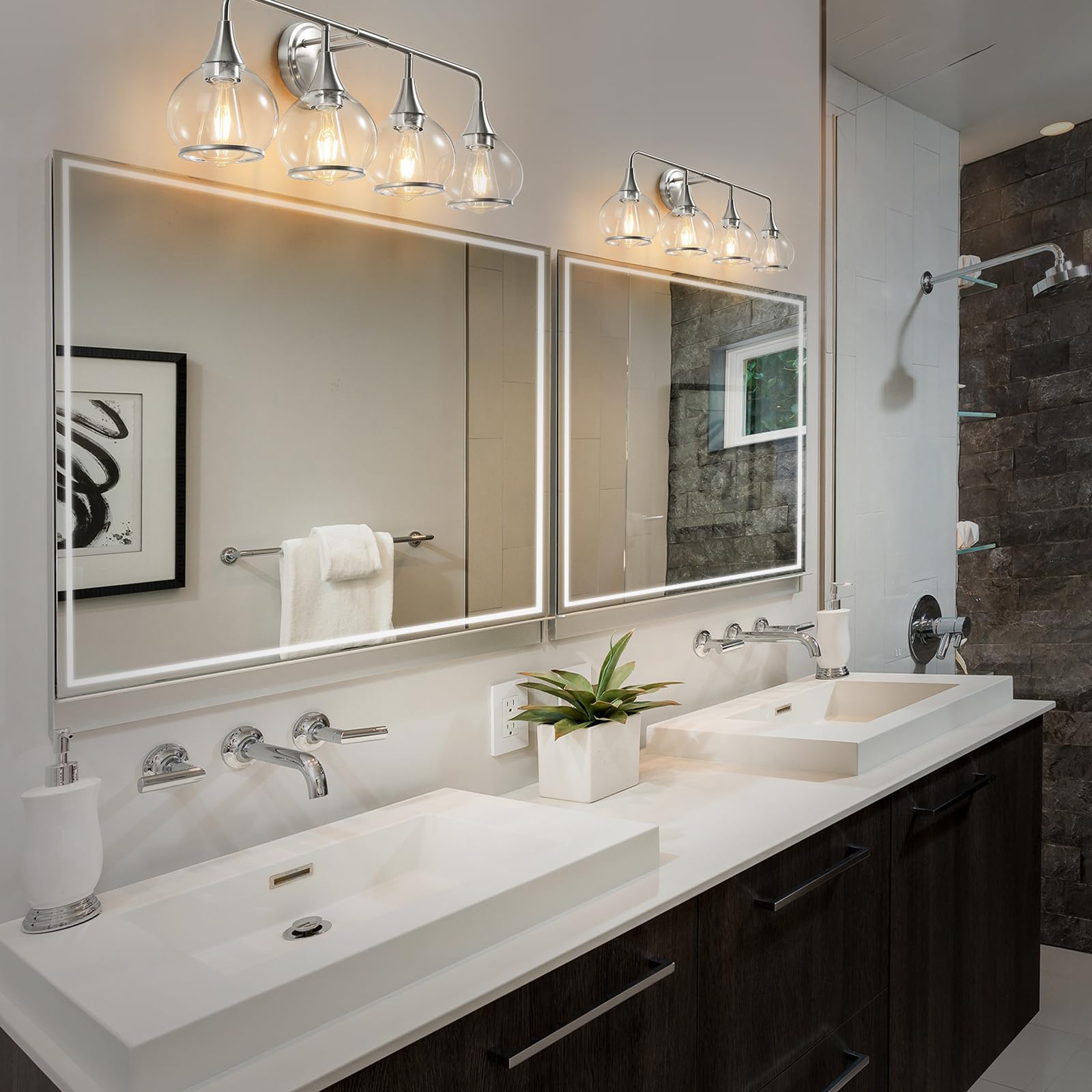 HAHZT Brushed Nickel Bathroom Light Fixture 4 Lights Wall Sconce 30.7 inch Clear Glass Shade Model 8033ML