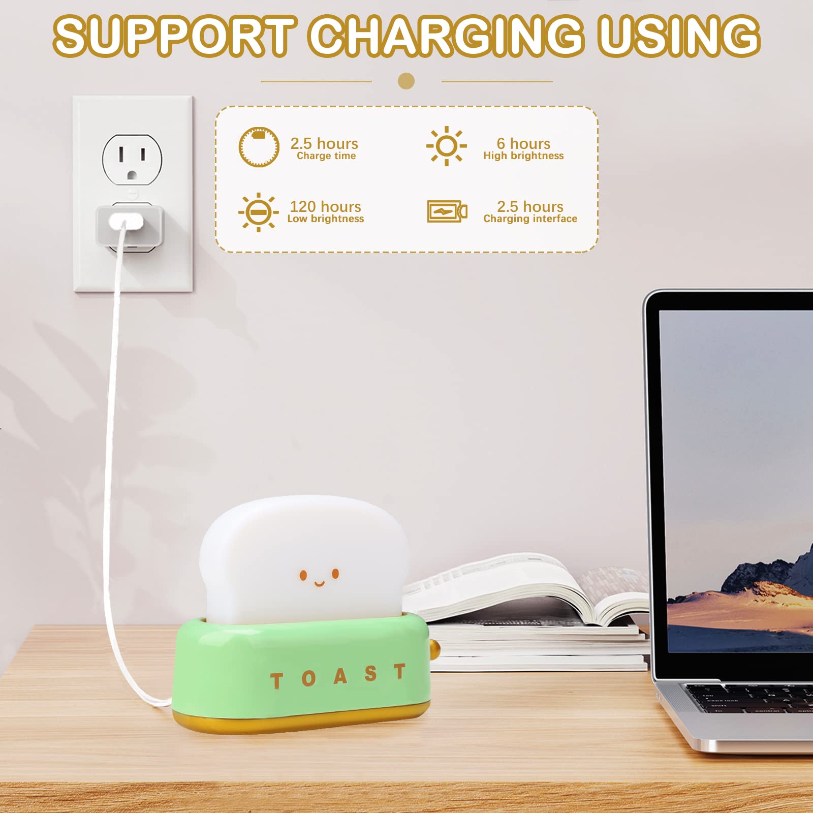 Poqcct Decor Toaster Night Light Lamp Rechargeable Small Lamps With Smile Face Cute Toast Bread Shape Decor Night Lights For Kid