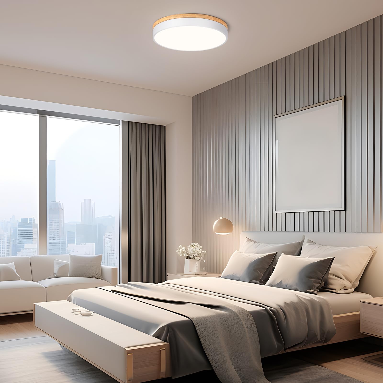 Zuyurt Wood Led Ceiling Light, Modern White Flush Mount Ceiling Light, Minimalist Close To Ceiling Light Fixture For Bedroom, Li