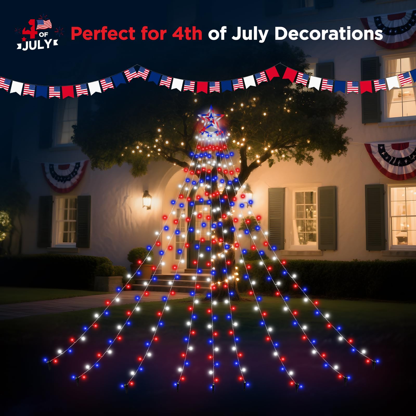 HELESIN Solar LED Lights - 350 LED Red White Blue Waterfall Lights with Remote Control, USB Powered, 8 Modes for Outdoor Decor