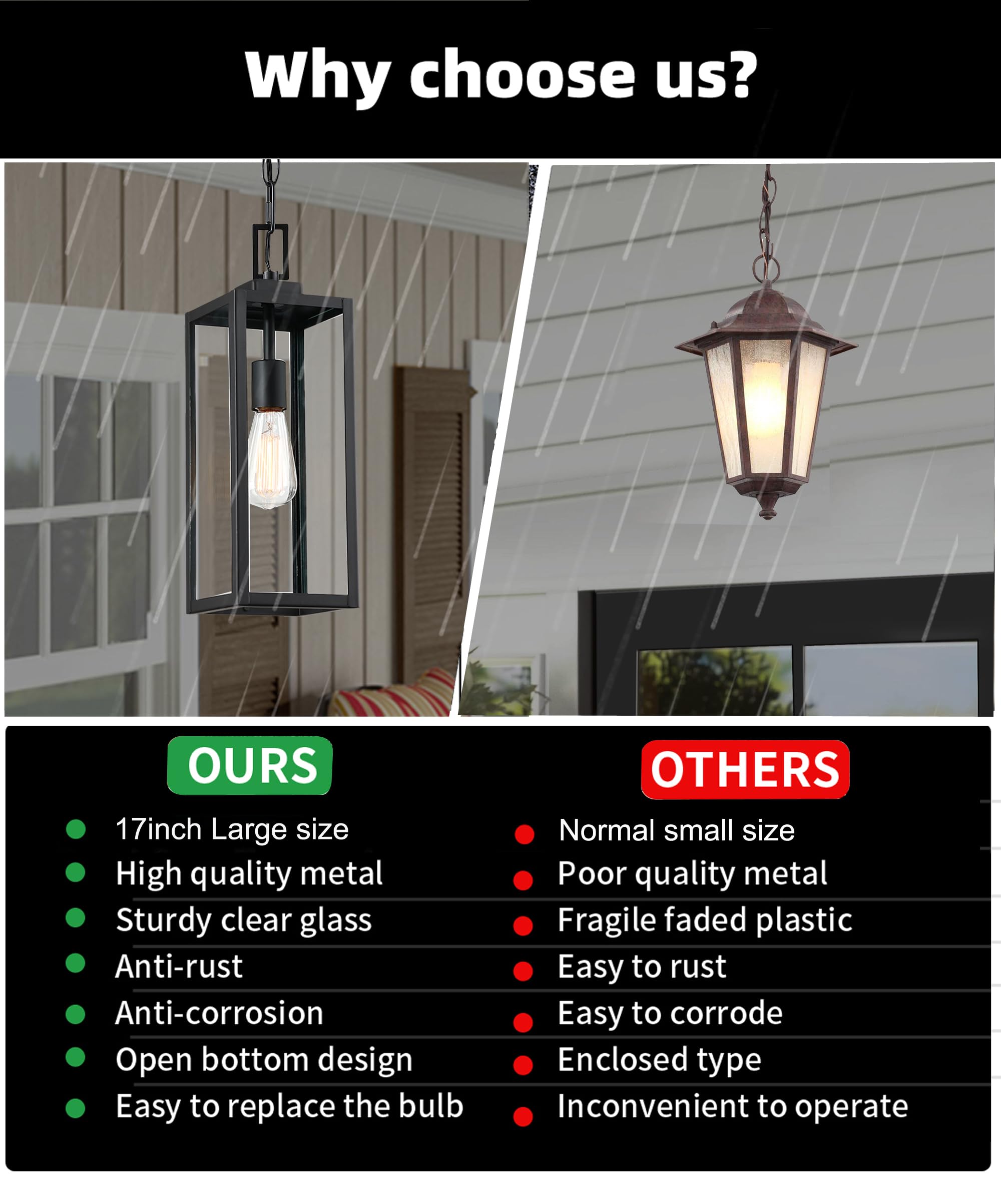 17 Inch Outdoor Pendant Light For Porch,Metal And Glass Outside Hanging Light Ceiling Mount Exterior Hanging Lantern For Patio E