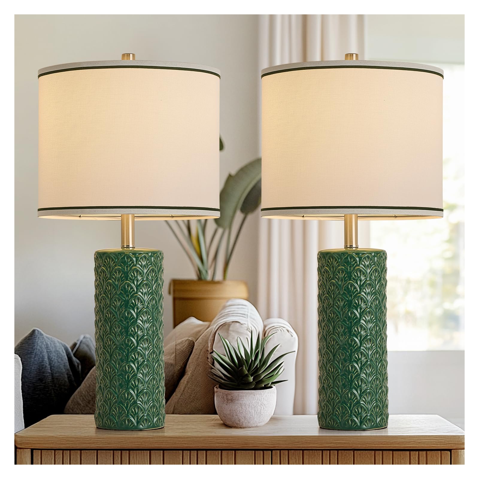 27 Farmhouse Bedside Table Lamp Set of 2  Green Modern Ceramic Lamps for Living Room  3 Color Temperature Rustic Table Lamps for Bedroom  Night Stands  Dorm Office  Home D?cor (Bulb Included)