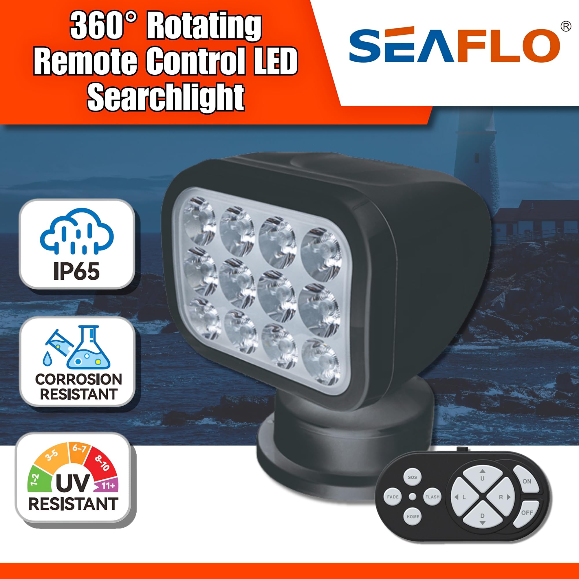 Seaflo 360 Rotating Remote Control Led Searchlight  10-30V  Auto-Reset  Ip66 Waterproof  Marine Spotlight For Boats  Truck  Vehicles  Ce & Rohs Certified (Wireless Remote/Black/White Light 5500K)