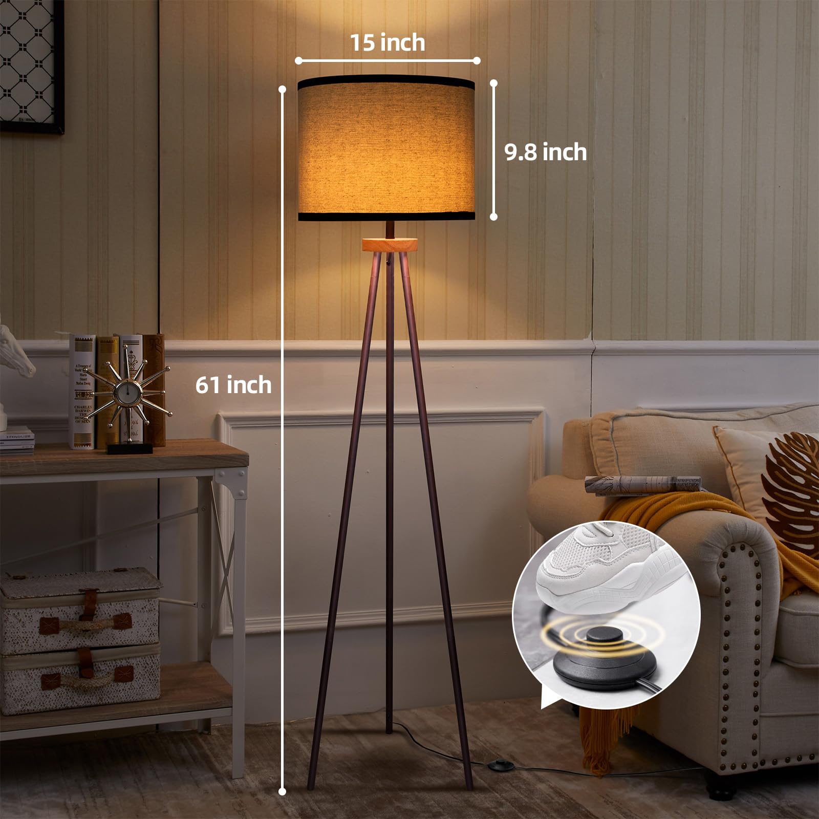Velxee Tripod Floor Lamp, Mid Century Standing Lamp, Modern Design Studying Light For Living Room, Bedroom, Study Room And Office