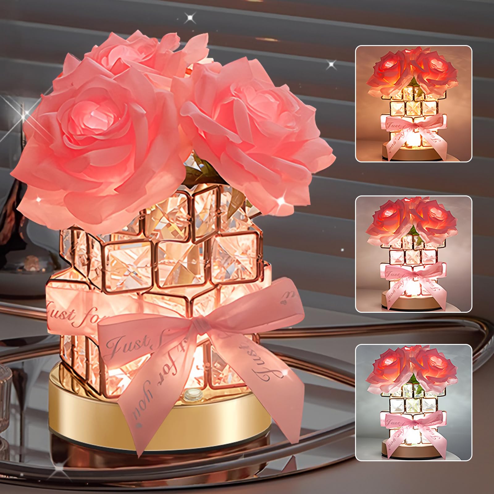 Onxe Birthday Christmas Gifts For Women Girlfriend Wife Mom  Rechargeable Cordless Touch Crystal Rose Table Lamp 3 Color Dimming Forever Flowers Night Light  Anniversary Valentines Rose Gift For Her