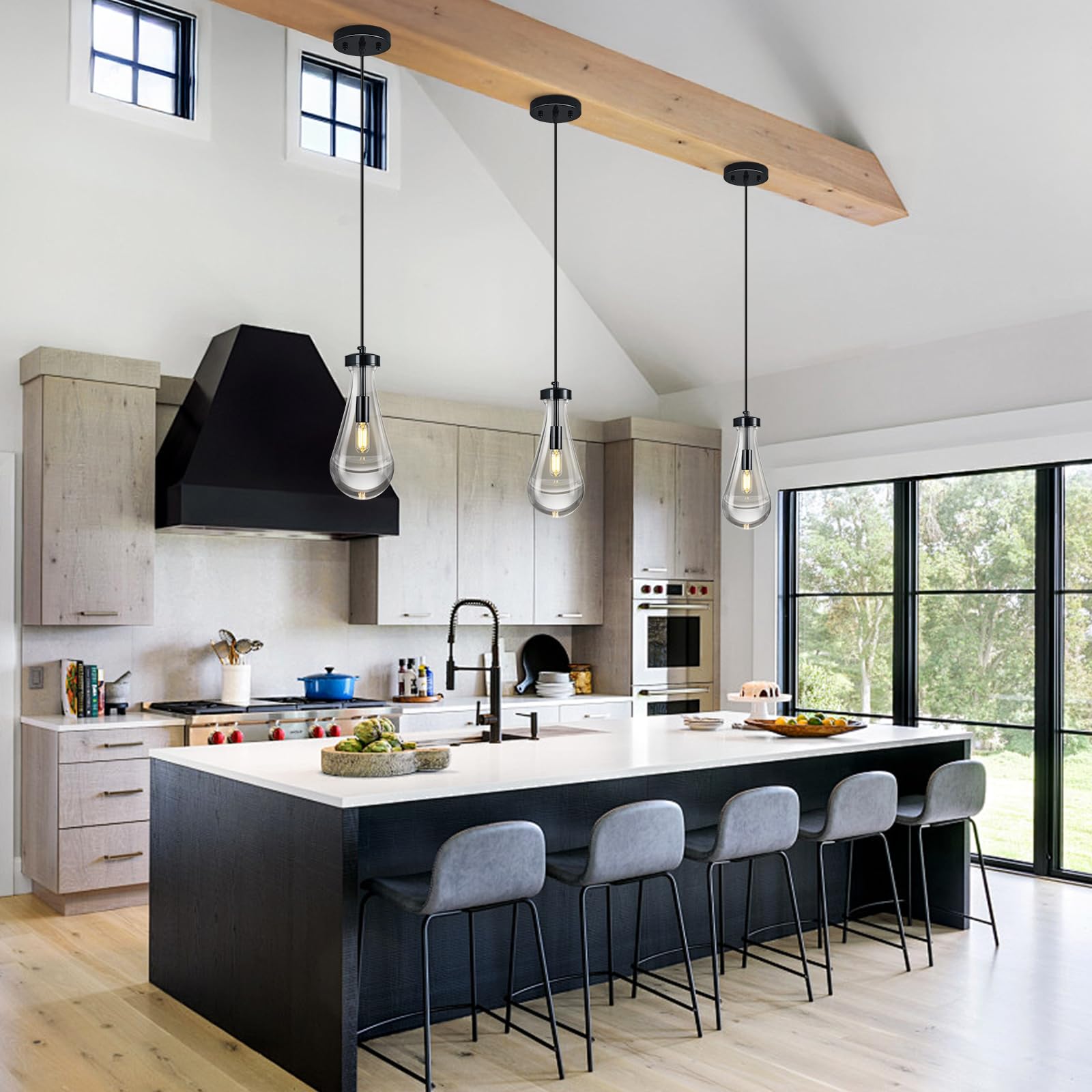 LIANGMH Raindrop Pendant Lights - Teardrop Glass Fixtures, 3-Pack, PlatingBlack, Modern Chandelier for Kitchen, Dining Room, Living Room