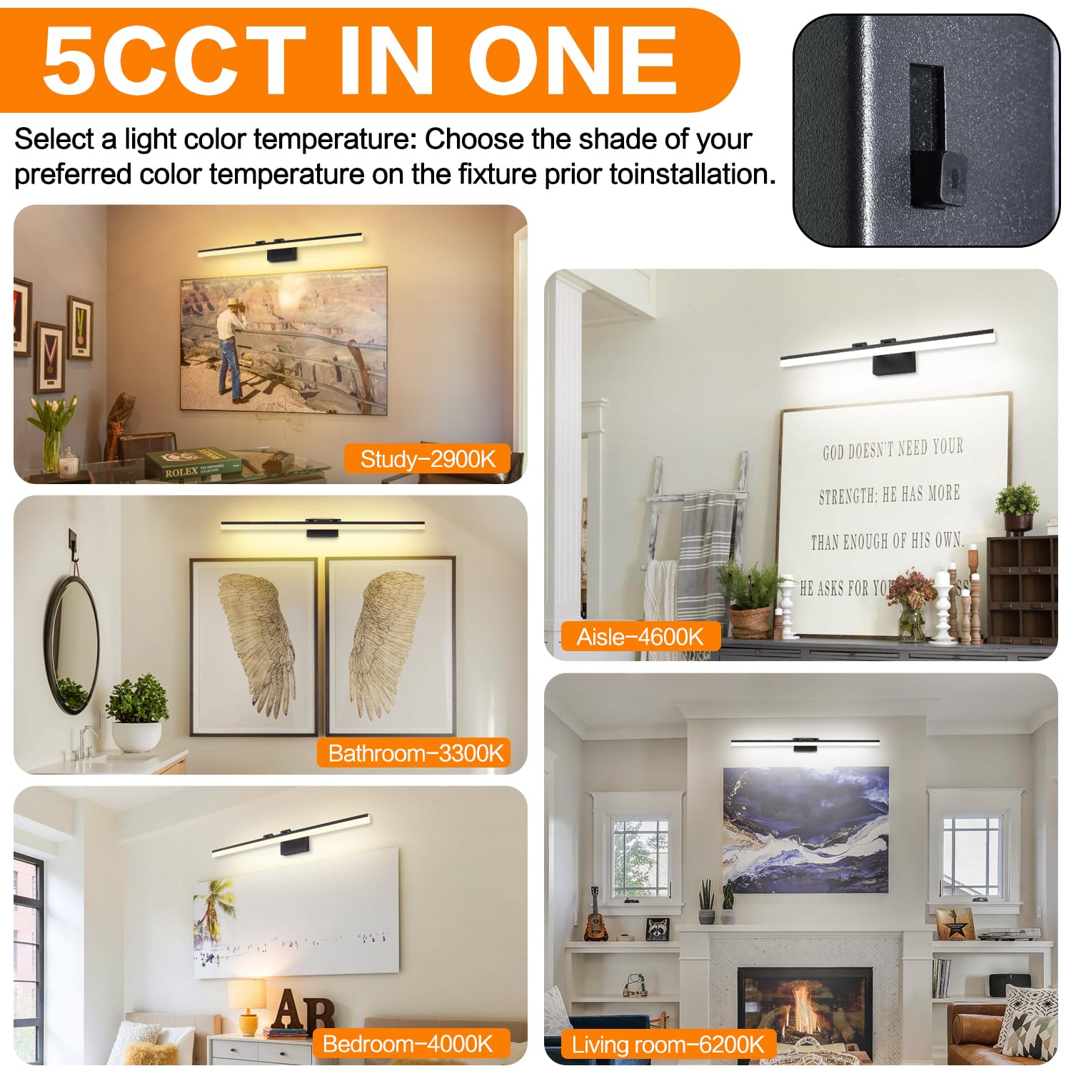 SOLFART 47.2 Inch Dimmable Bathroom Light Fixture, 5 Color Temperature, Aluminum, Matt Black, Model 8778-1220mm-BK-5CCT
